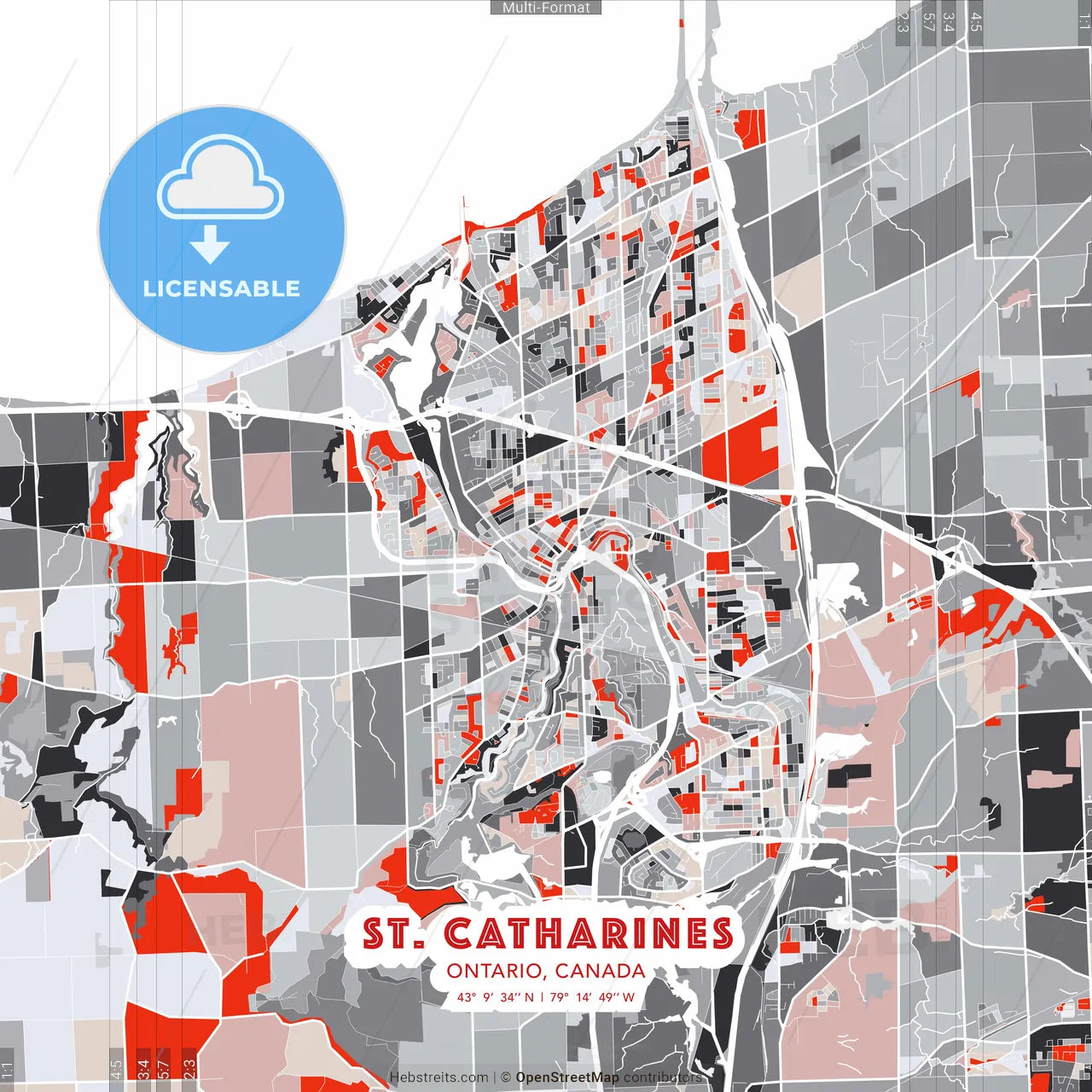 St. Catharines, Ontario, Canada - modern street map poster template with gray and red tones