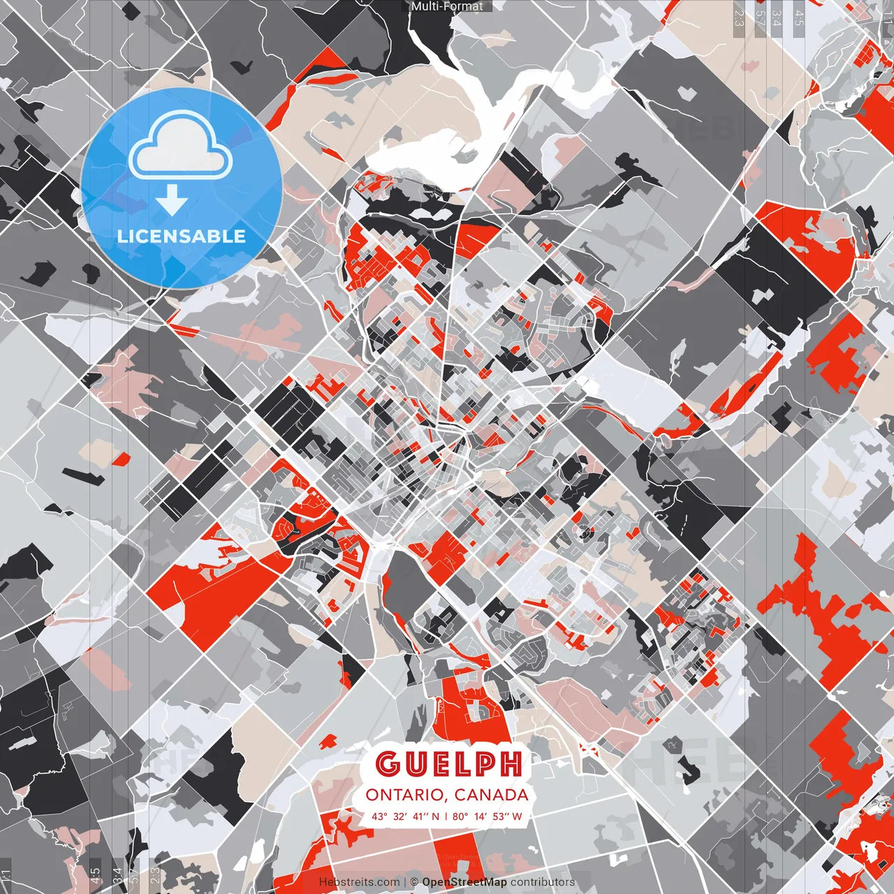 Guelph, Ontario, Canada - modern street map poster template with gray and red tones