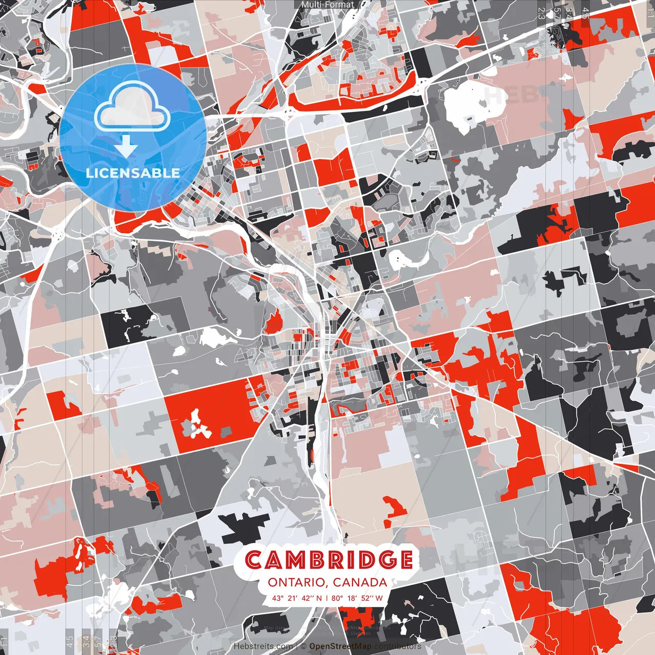Cambridge, Ontario, Canada - modern street map poster template with gray and red tones