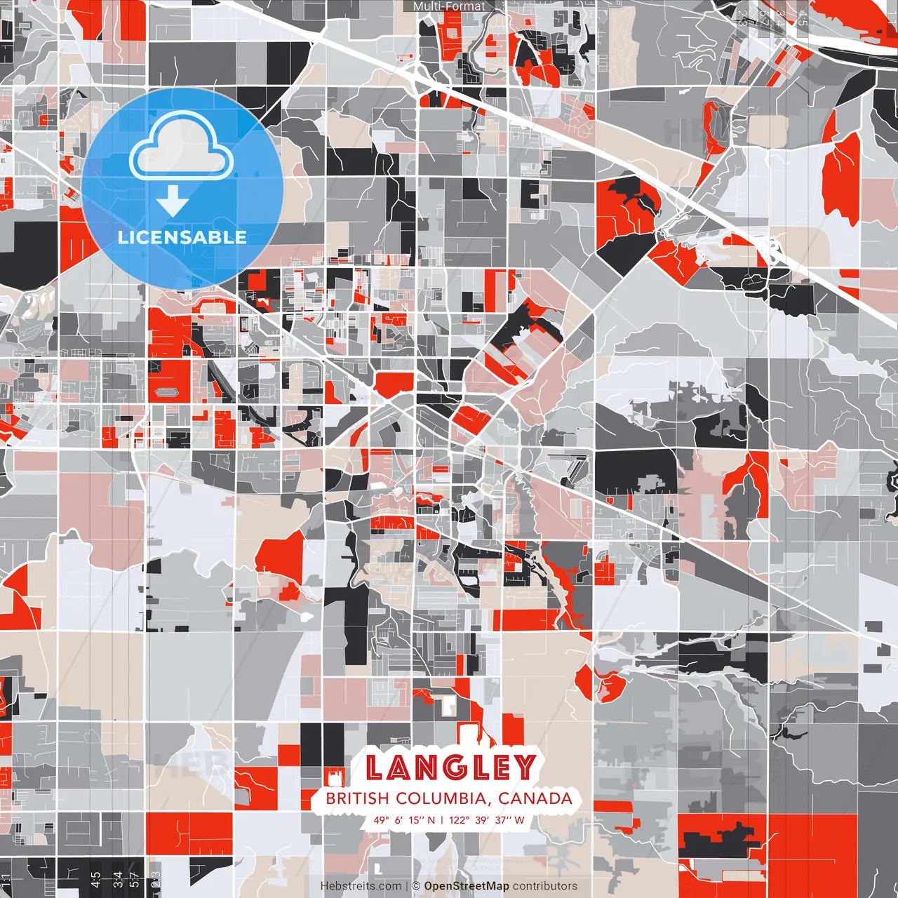 Langley, British Columbia, Canada - modern street map poster template with gray and red tones