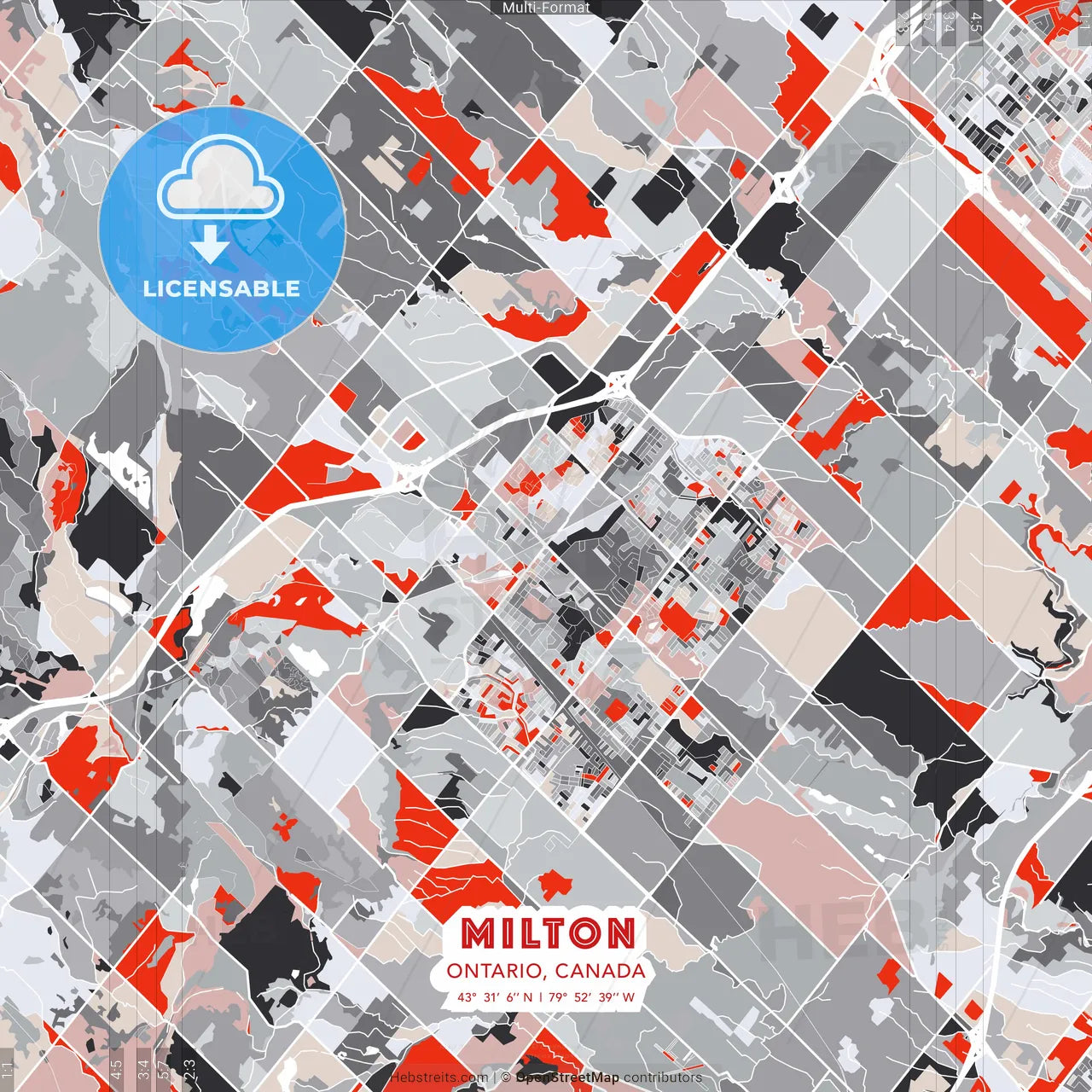 Milton, Ontario, Canada - modern street map poster template with gray and red tones
