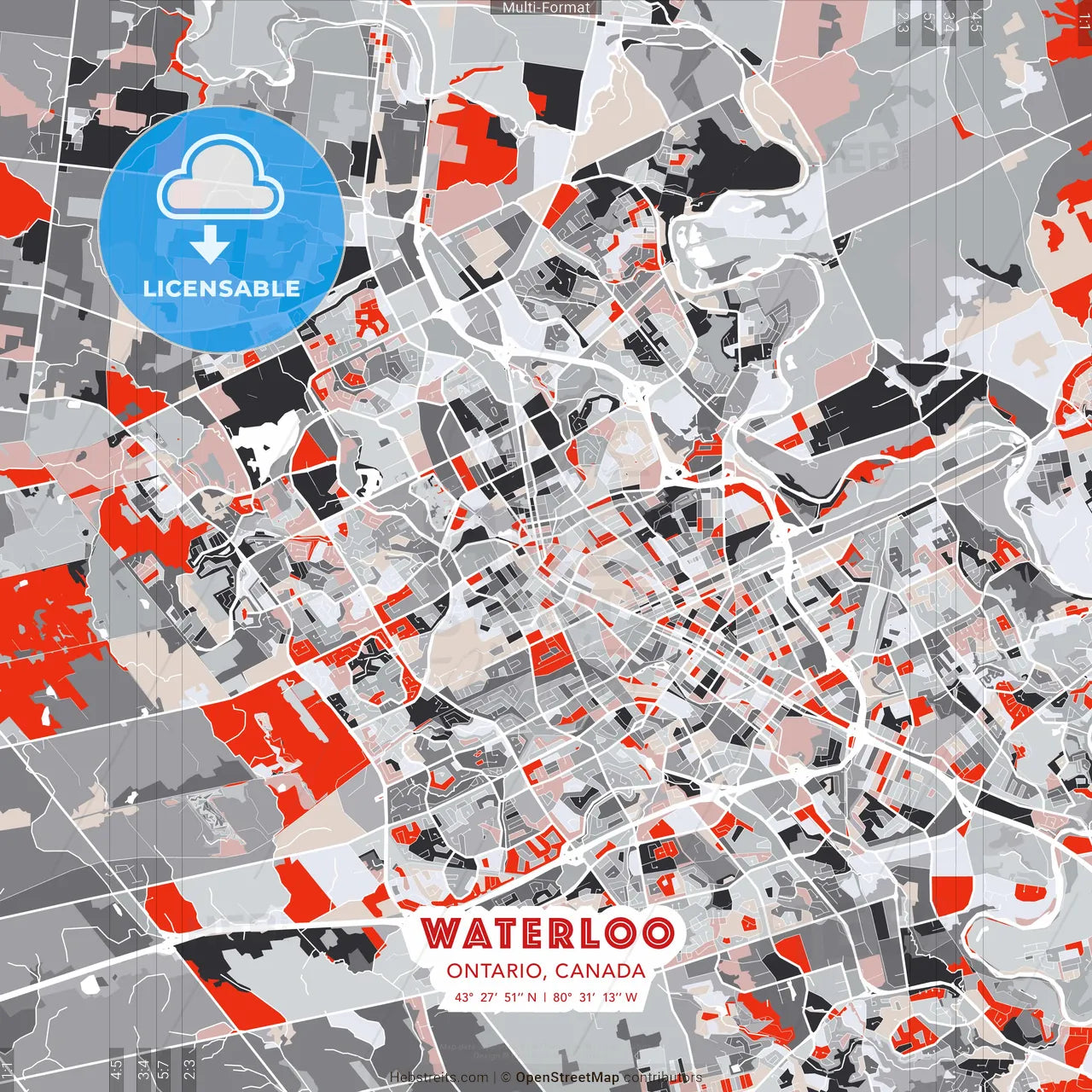 Waterloo, Ontario, Canada - modern street map poster template with gray and red tones