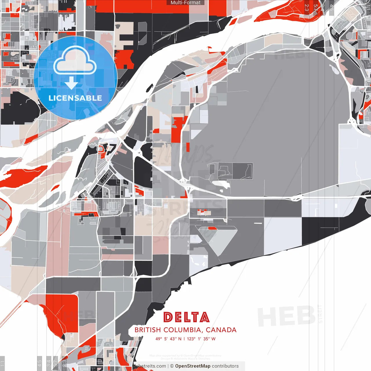Delta, British Columbia, Canada - modern street map poster template with gray and red tones