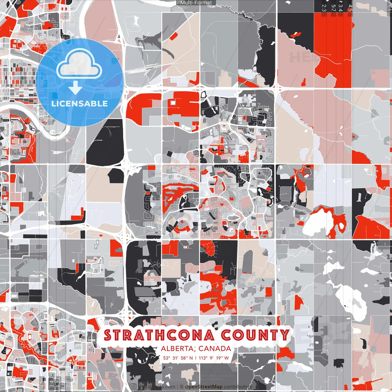 Strathcona County, Alberta, Canada - modern street map poster template with gray and red tones