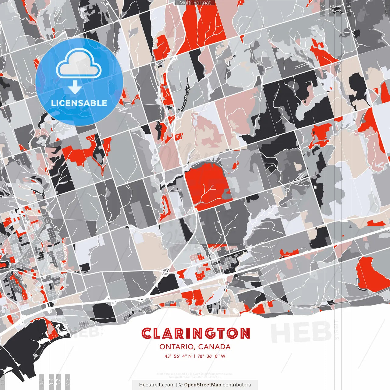 Clarington, Ontario, Canada - modern street map poster template with gray and red tones
