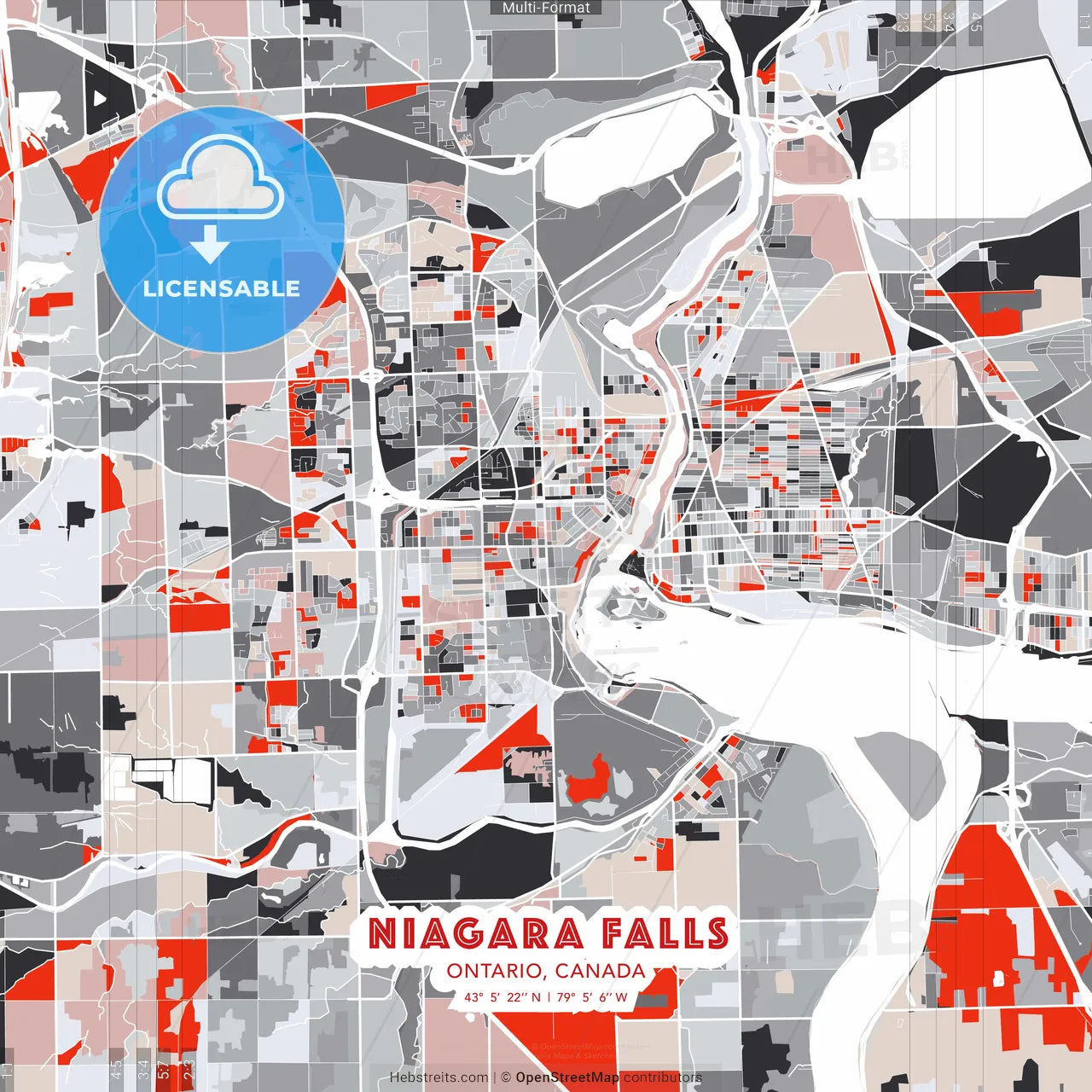 Niagara Falls, Ontario, Canada - modern street map poster template with gray and red tones
