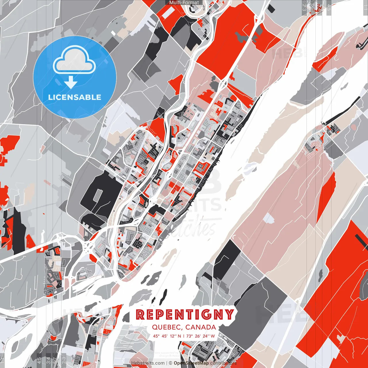 Repentigny, Quebec, Canada - modern street map poster template with gray and red tones