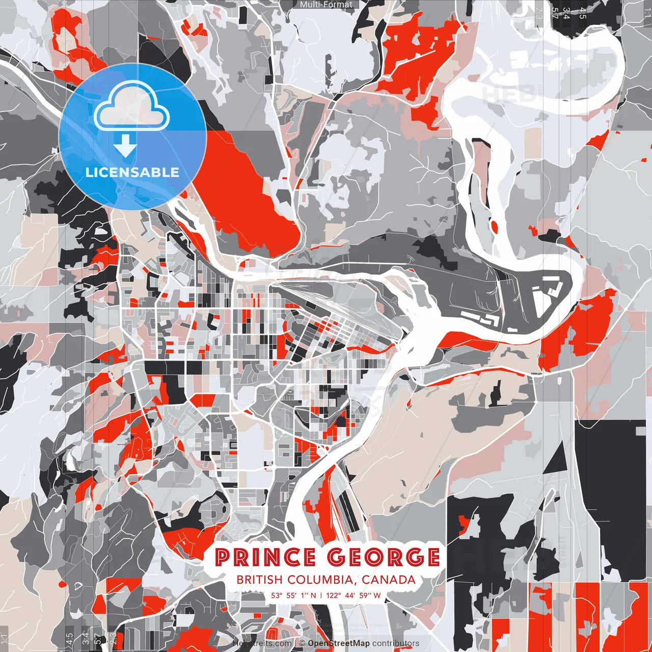 Prince George, British Columbia, Canada - modern street map poster template with gray and red tones