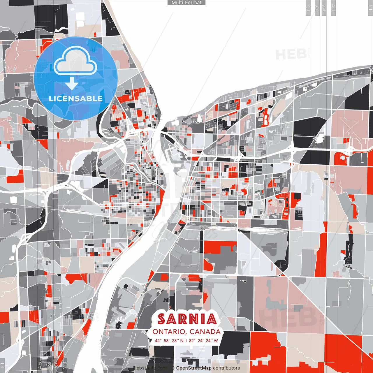 Sarnia, Ontario, Canada - modern street map poster template with gray and red tones