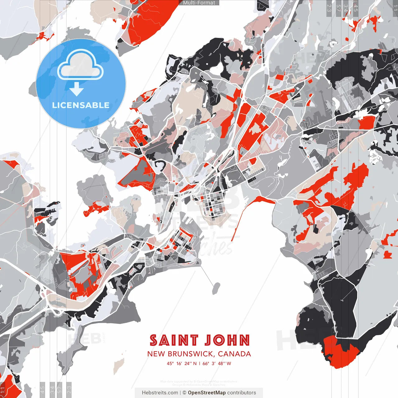 Saint John, New Brunswick, Canada - modern street map poster template with gray and red tones