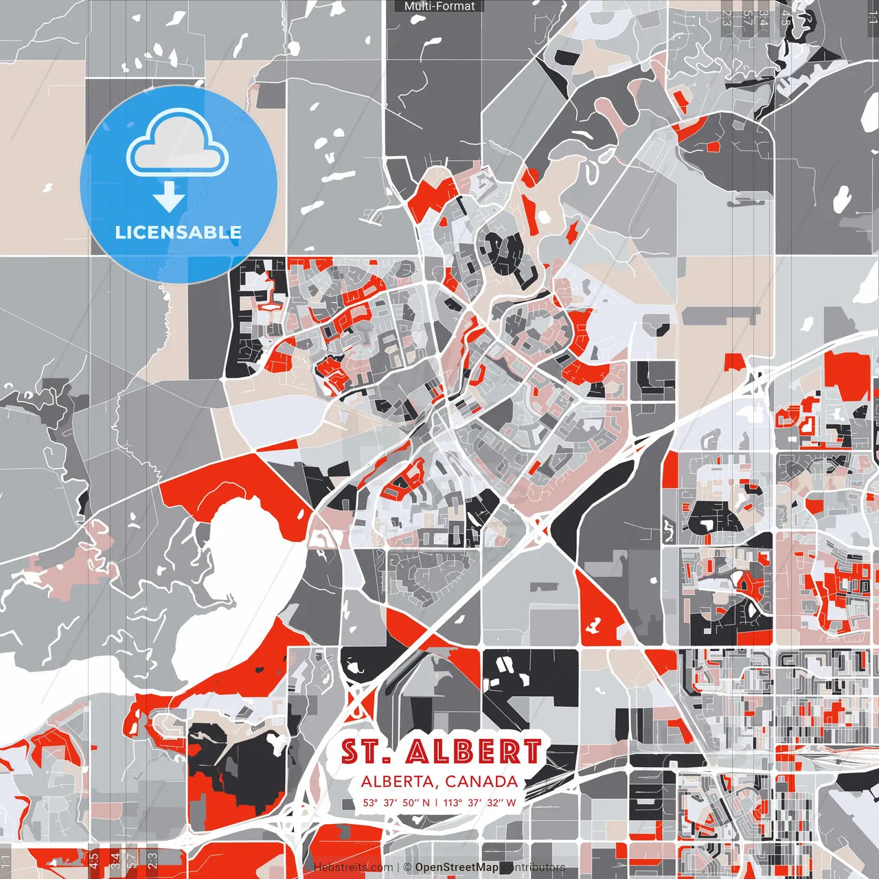 St. Albert, Alberta, Canada - modern street map poster template with gray and red tones