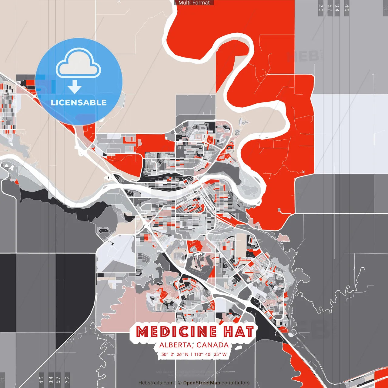 Medicine Hat, Alberta, Canada - modern street map poster template with gray and red tones