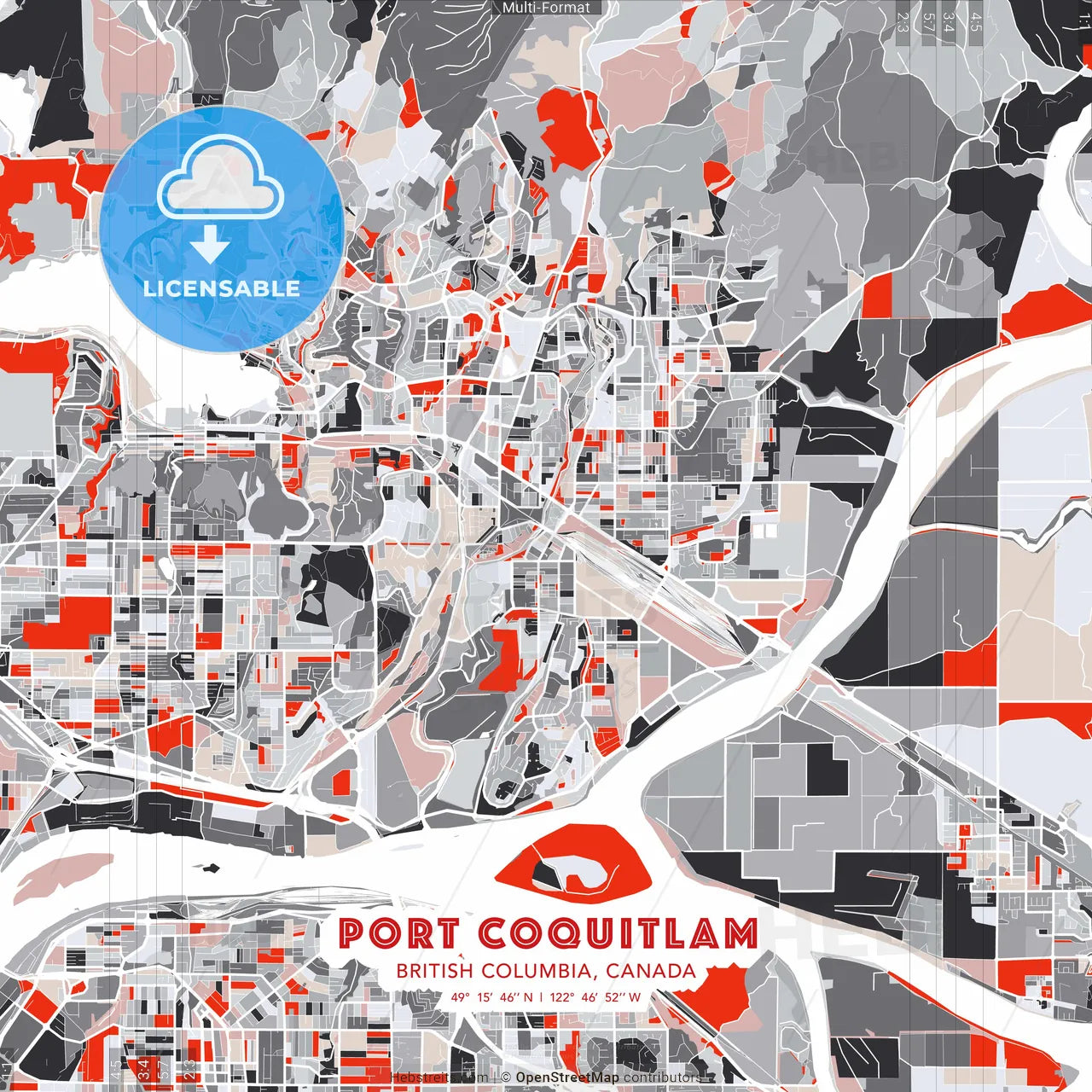 Port Coquitlam, British Columbia, Canada - modern street map poster template with gray and red tones