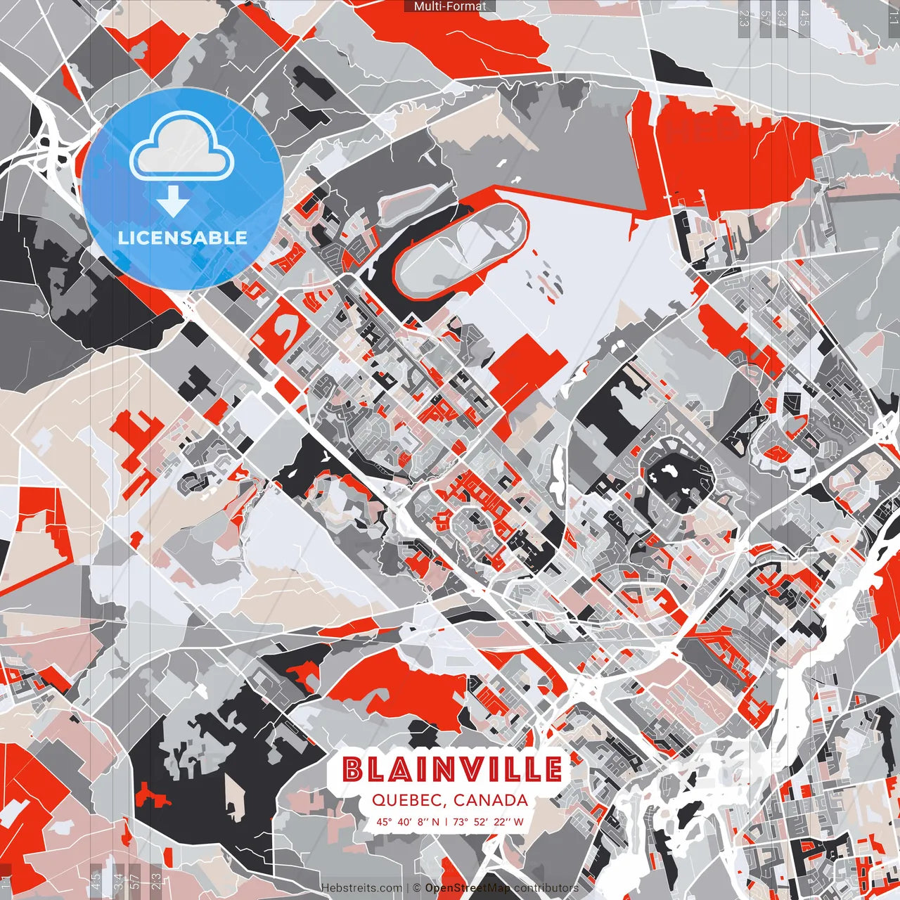 Blainville, Quebec, Canada - modern street map poster template with gray and red tones