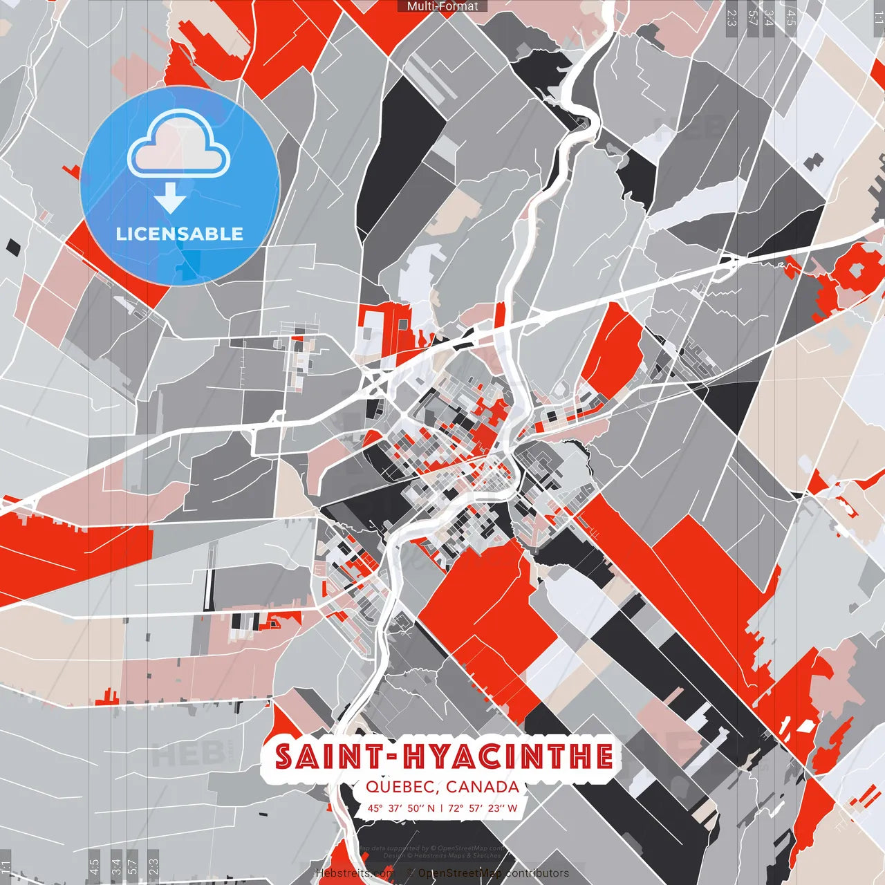 Saint-Hyacinthe, Quebec, Canada - modern street map poster template with gray and red tones