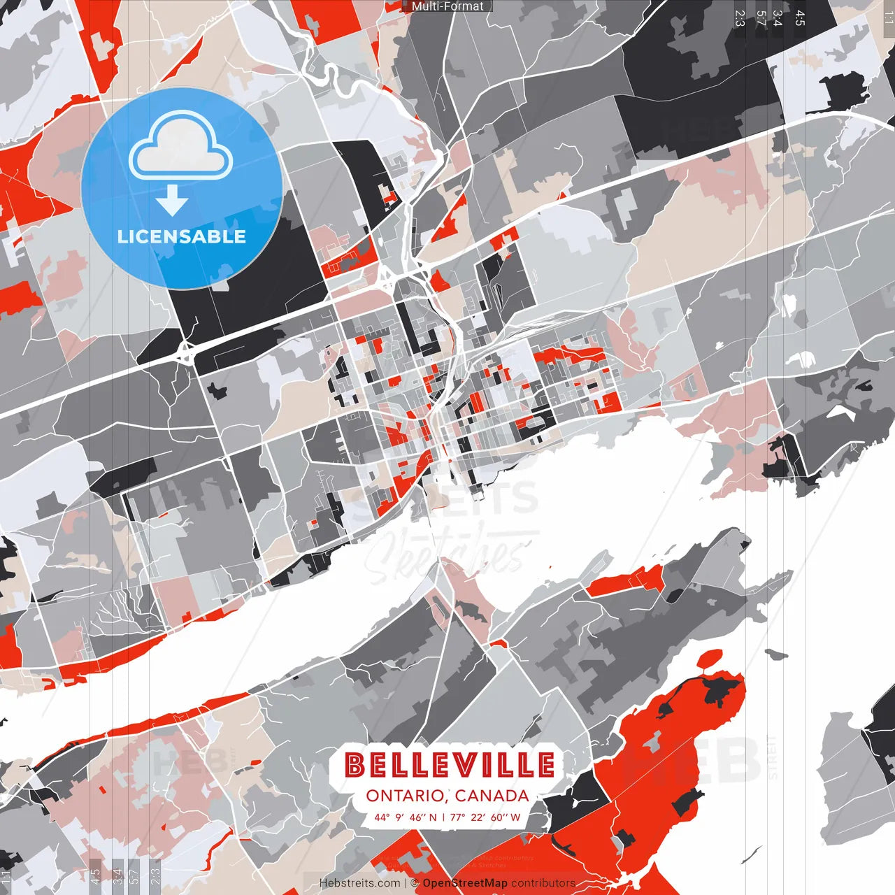 Belleville, Ontario, Canada - modern street map poster template with gray and red tones