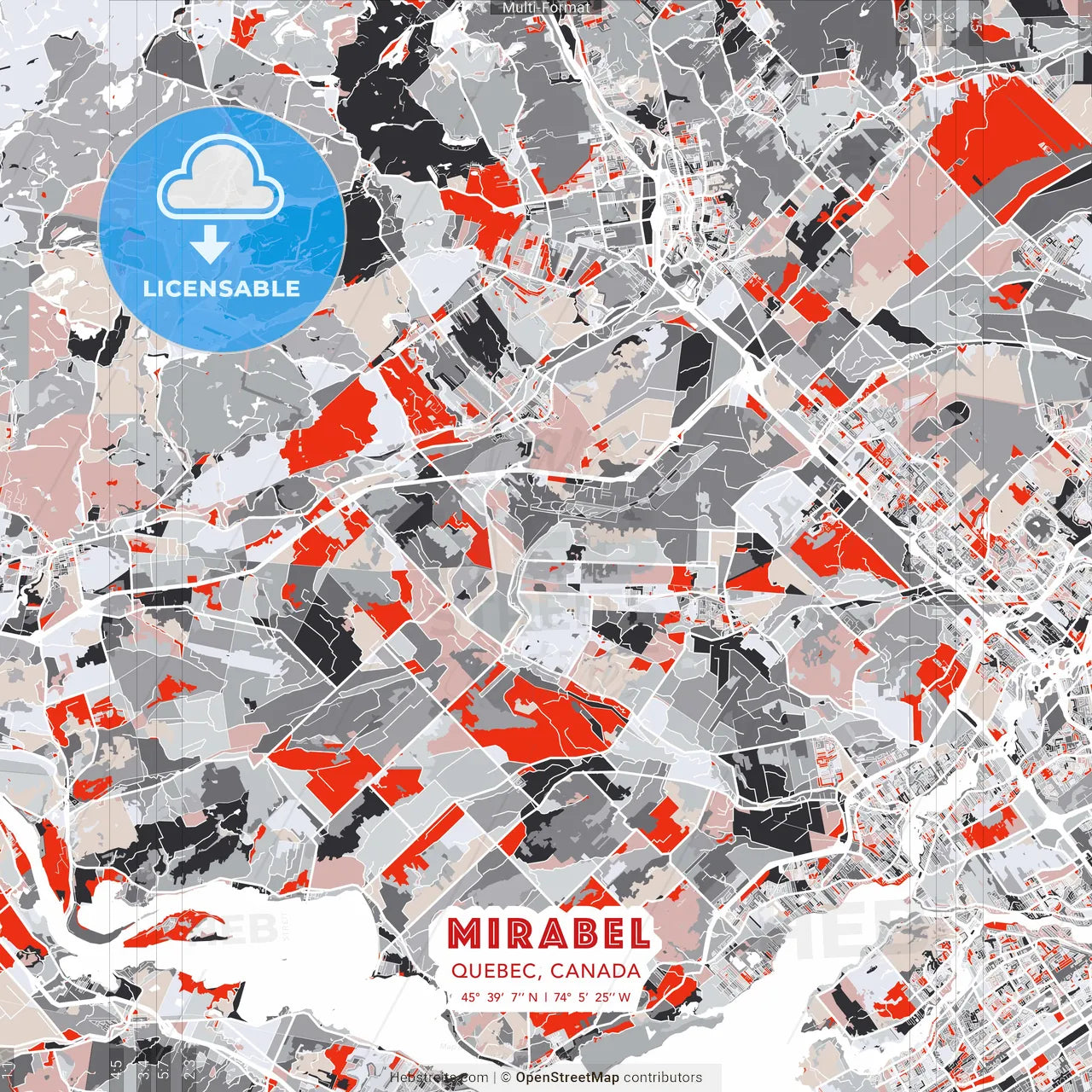 Mirabel, Quebec, Canada - modern street map poster template with gray and red tones