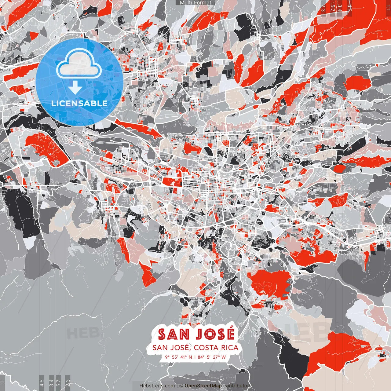 San José, San José, Costa Rica - modern street map poster template with gray and red tones