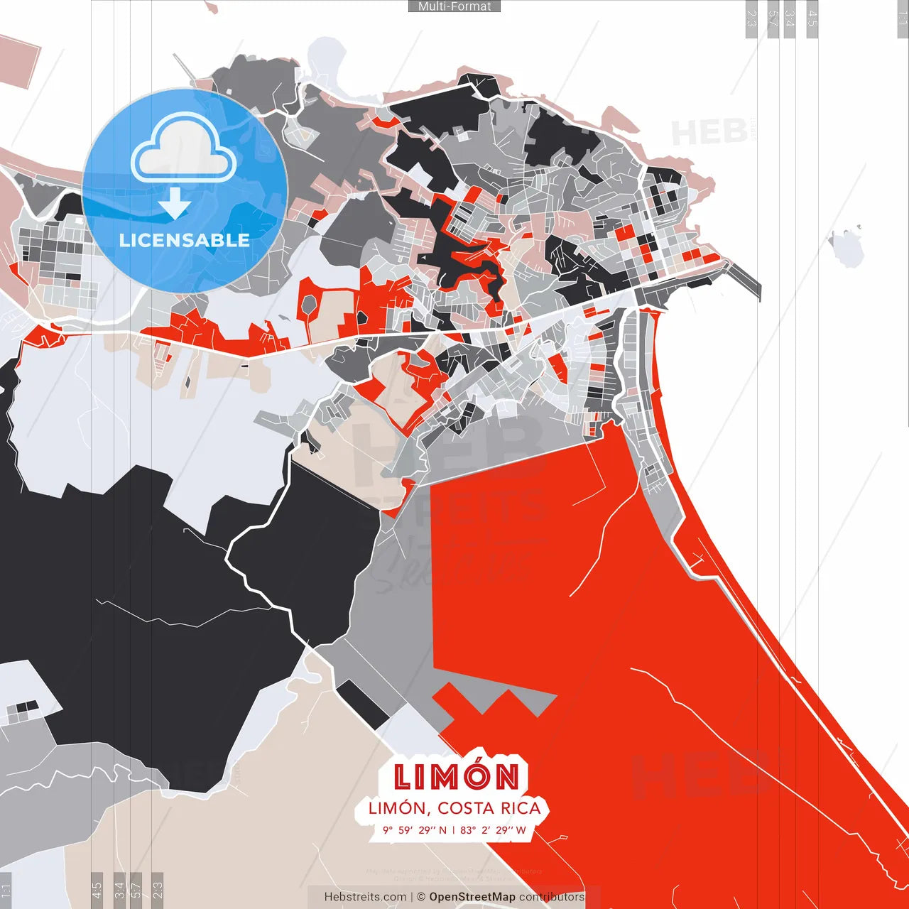 Limón, Limón, Costa Rica - modern street map poster template with gray and red tones