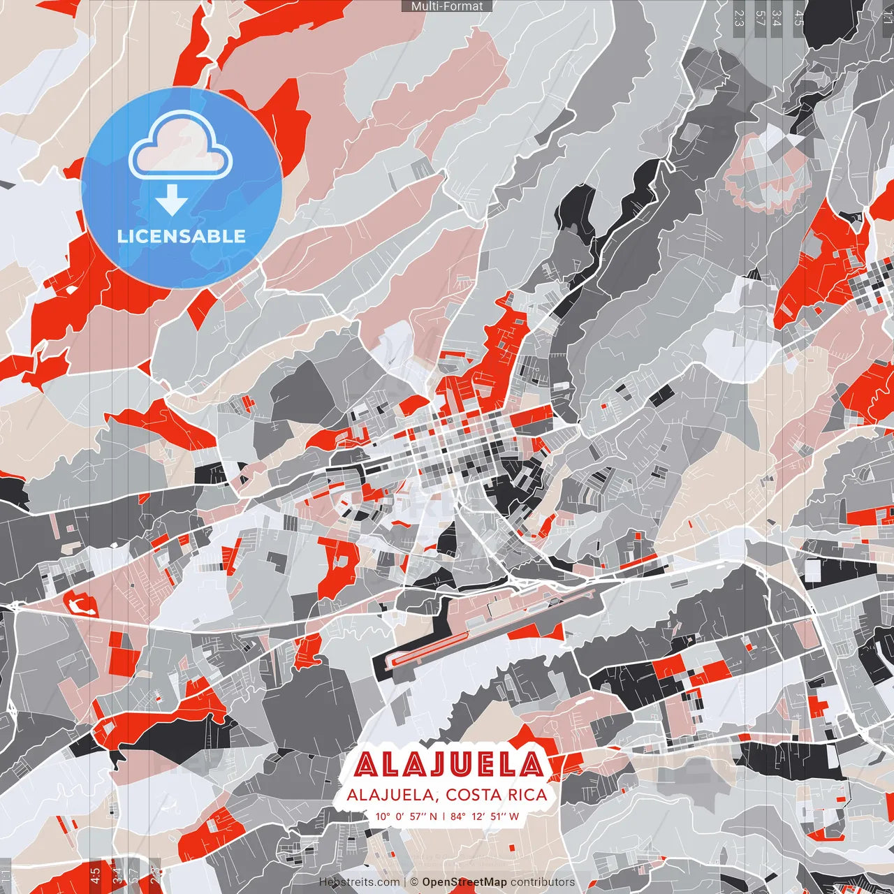 Alajuela, Alajuela, Costa Rica - modern street map poster template with gray and red tones
