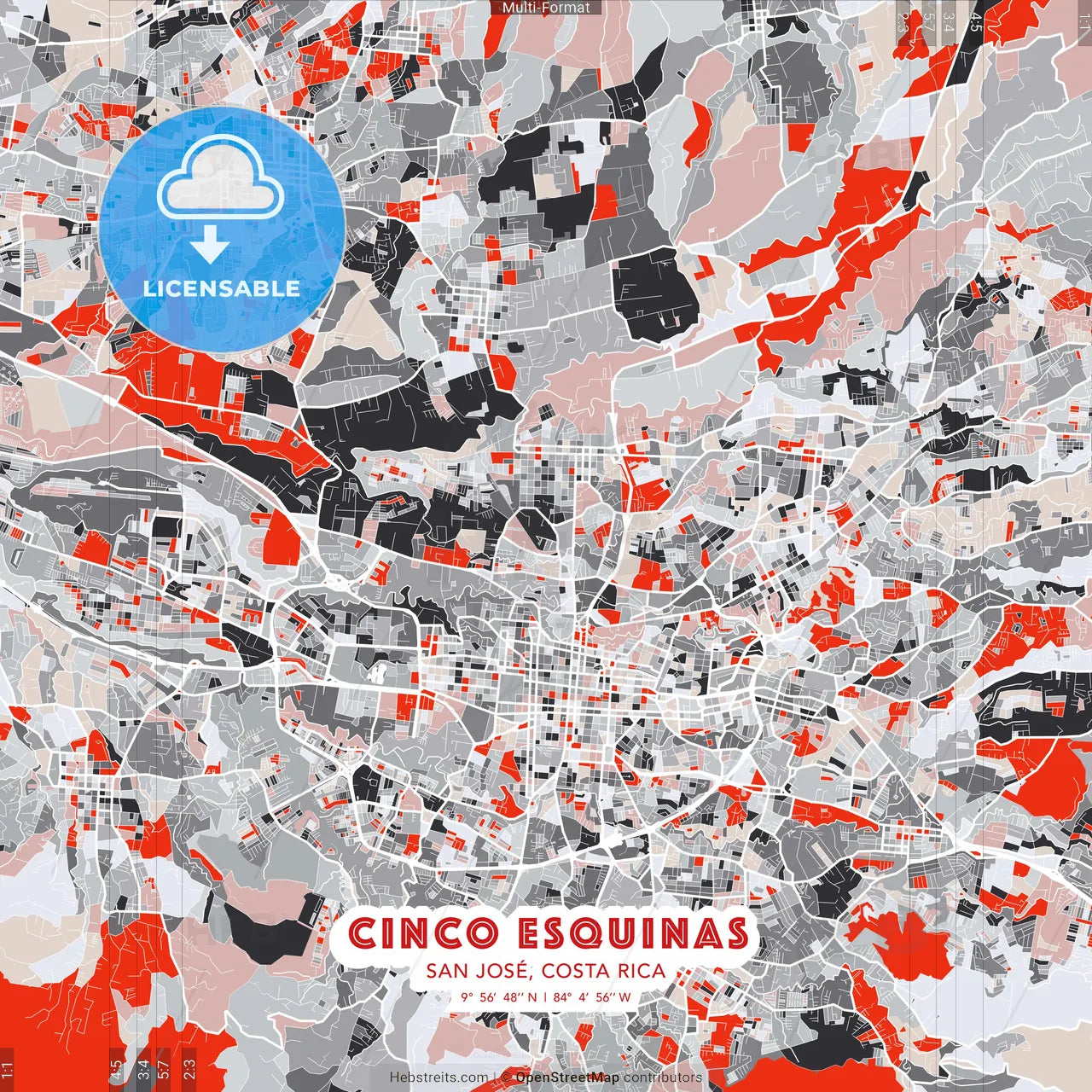 Cinco Esquinas, San José, Costa Rica - modern street map poster template with gray and red tones