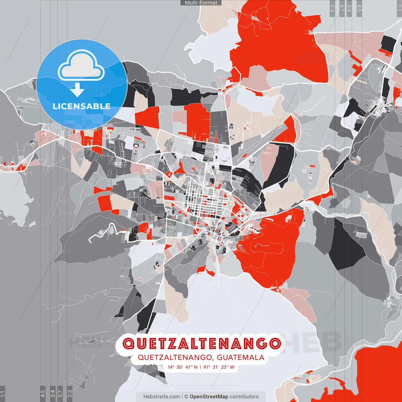 Quetzaltenango, Quetzaltenango, Guatemala - modern street map poster template with gray and red tones