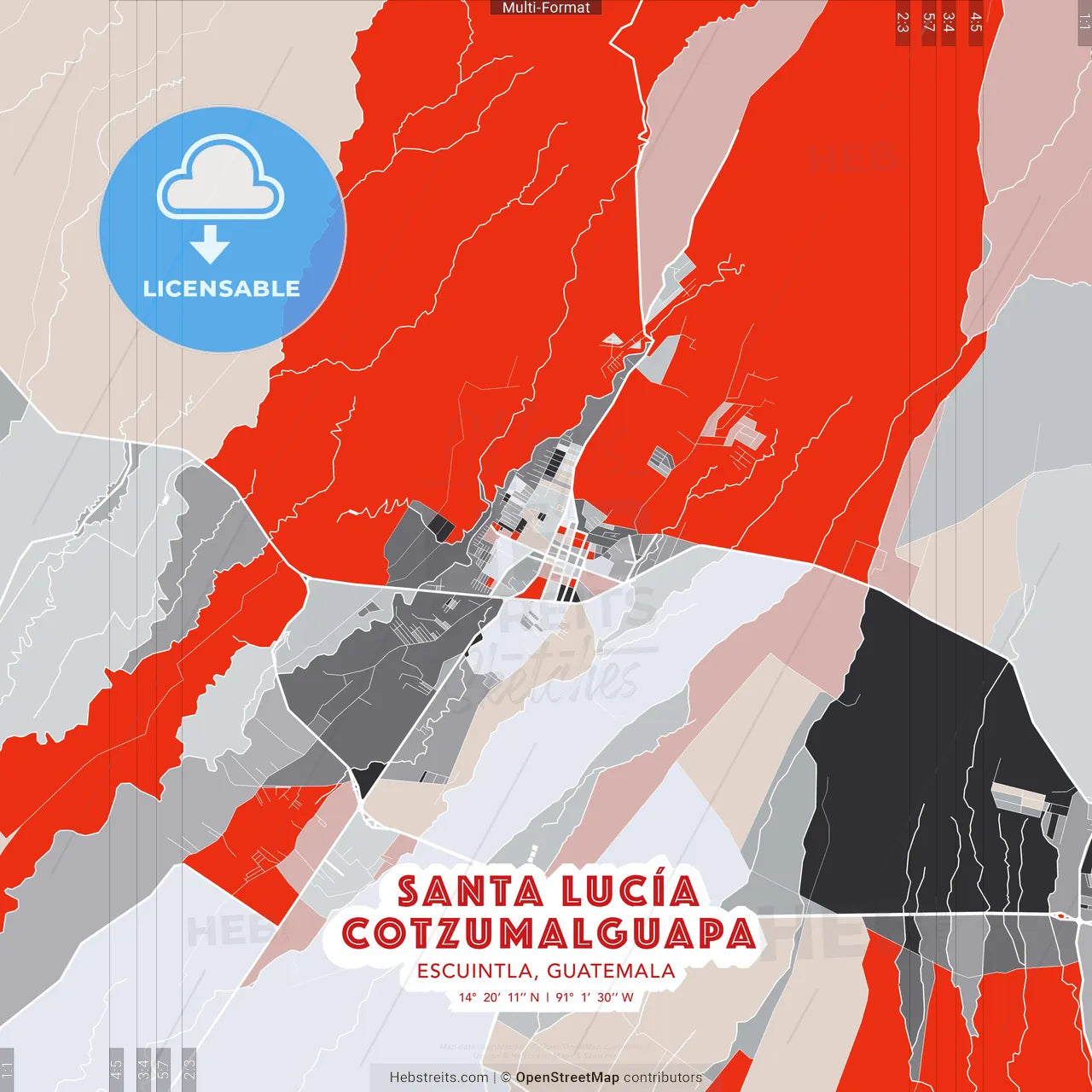 Santa Lucía Cotzumalguapa, Escuintla, Guatemala - modern street map poster template with gray and red tones