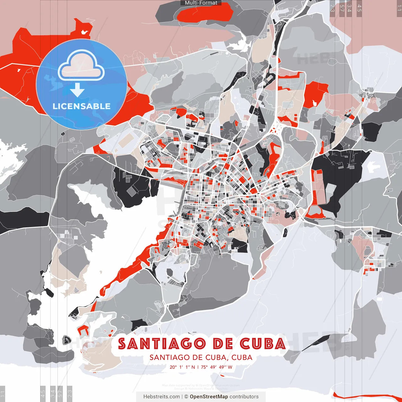 Santiago de Cuba, Santiago de Cuba, Cuba - modern street map poster template with gray and red tones