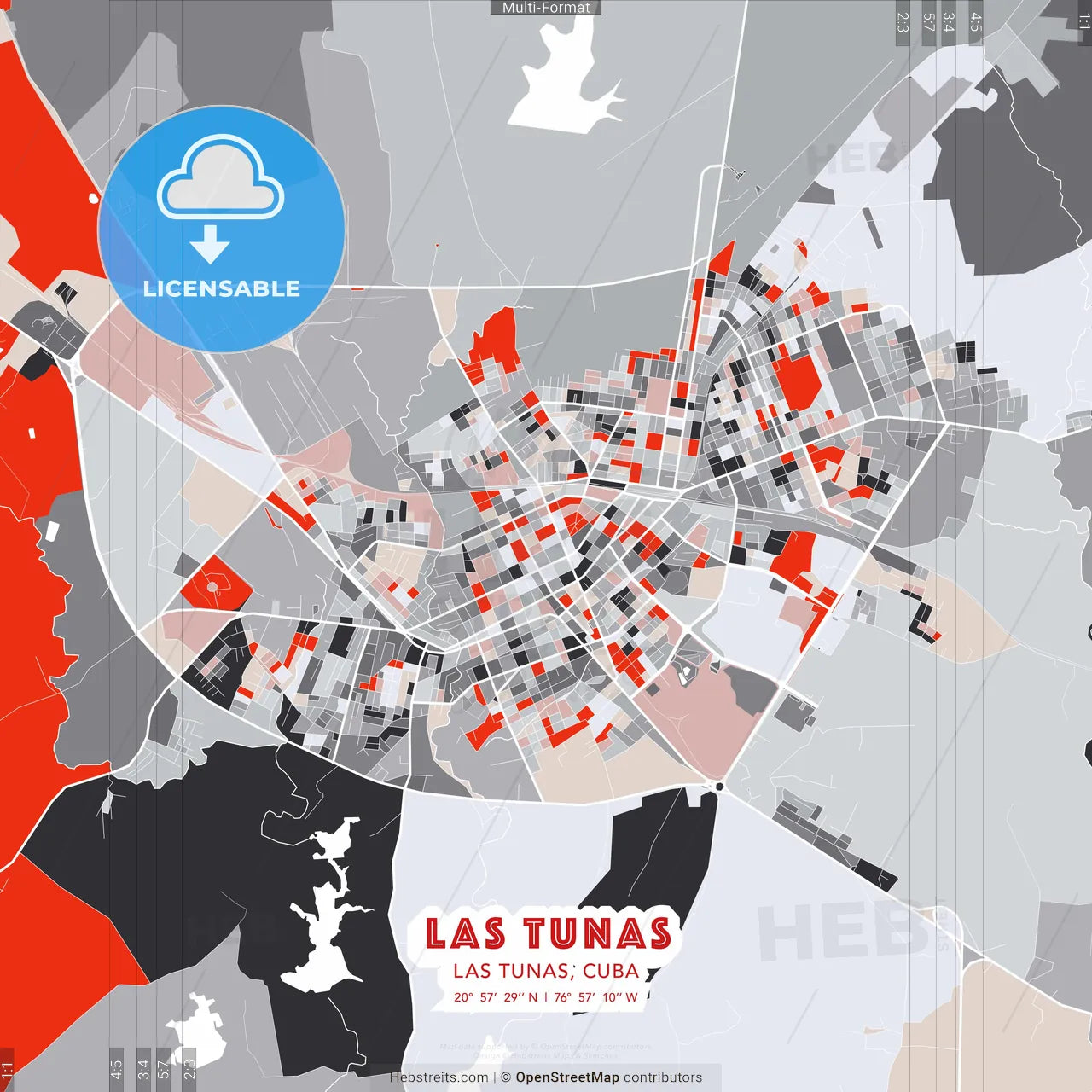 Las Tunas, Las Tunas, Cuba - modern street map poster template with gray and red tones
