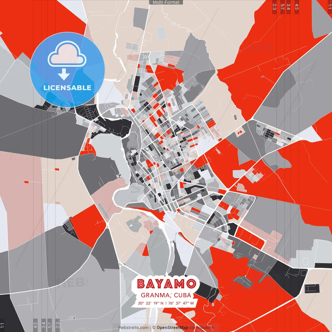 Bayamo, Granma, Cuba - modern street map poster template with gray and red tones