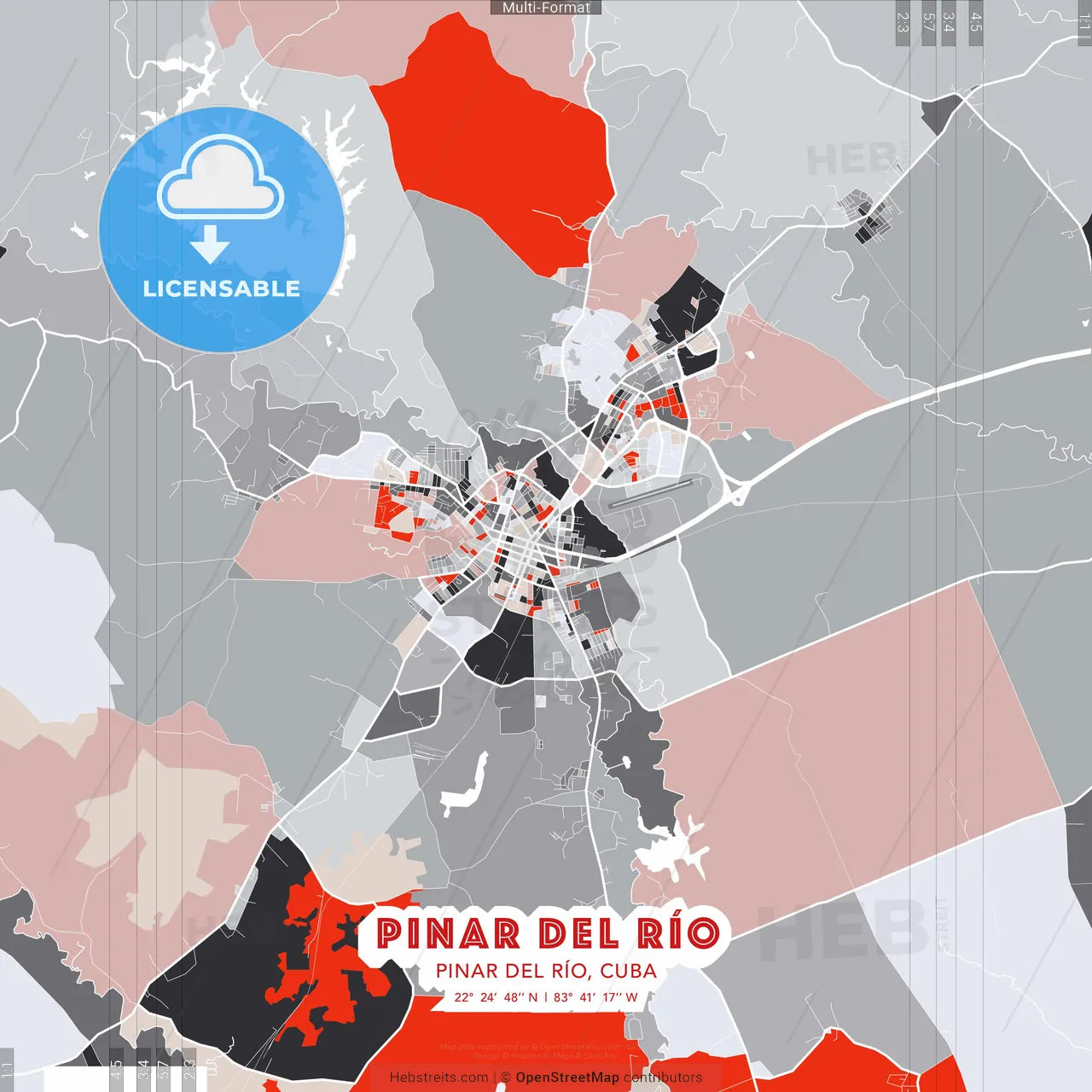 Pinar del Río, Pinar del Río, Cuba - modern street map poster template with gray and red tones
