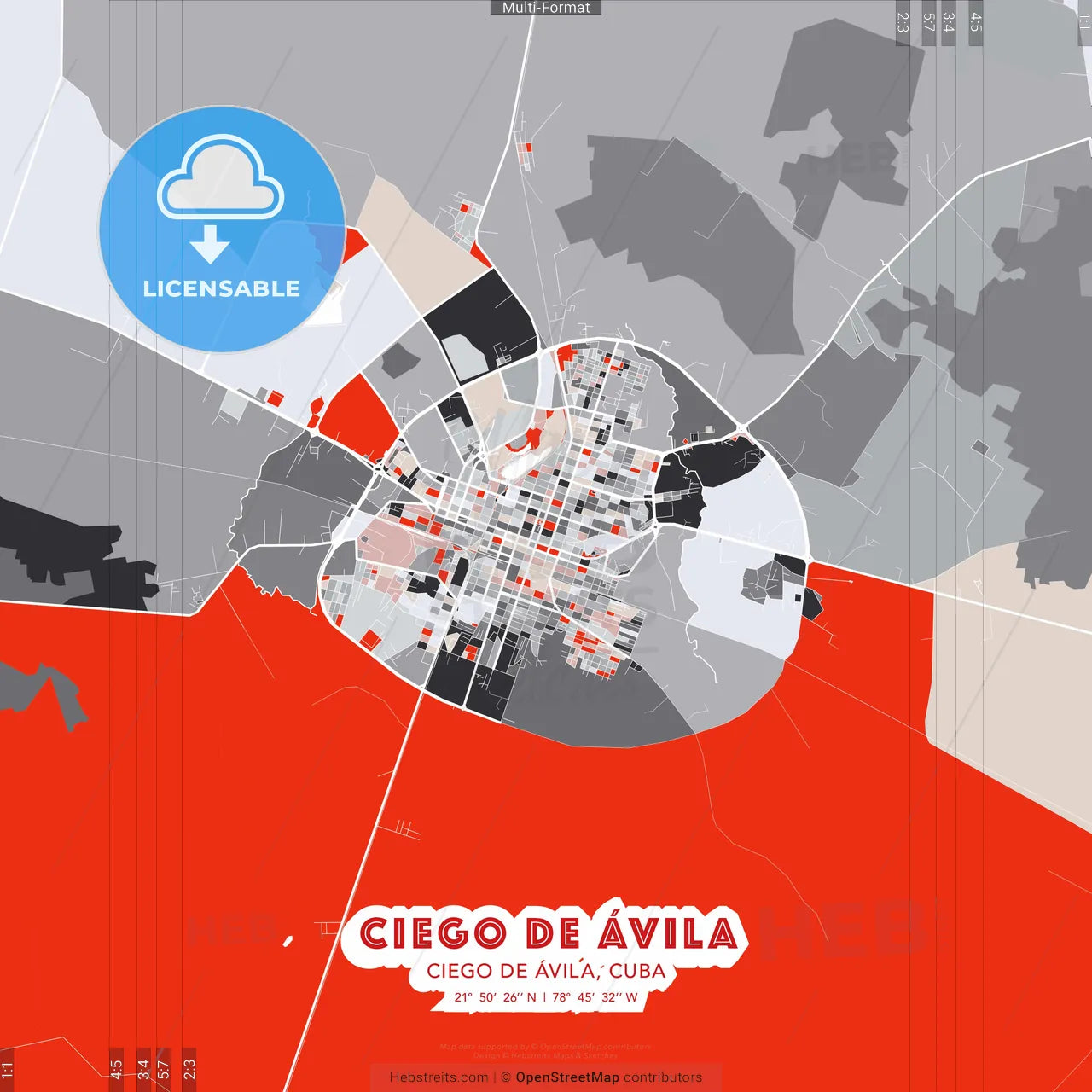 Ciego de Ávila, Ciego de Ávila, Cuba - modern street map poster template with gray and red tones