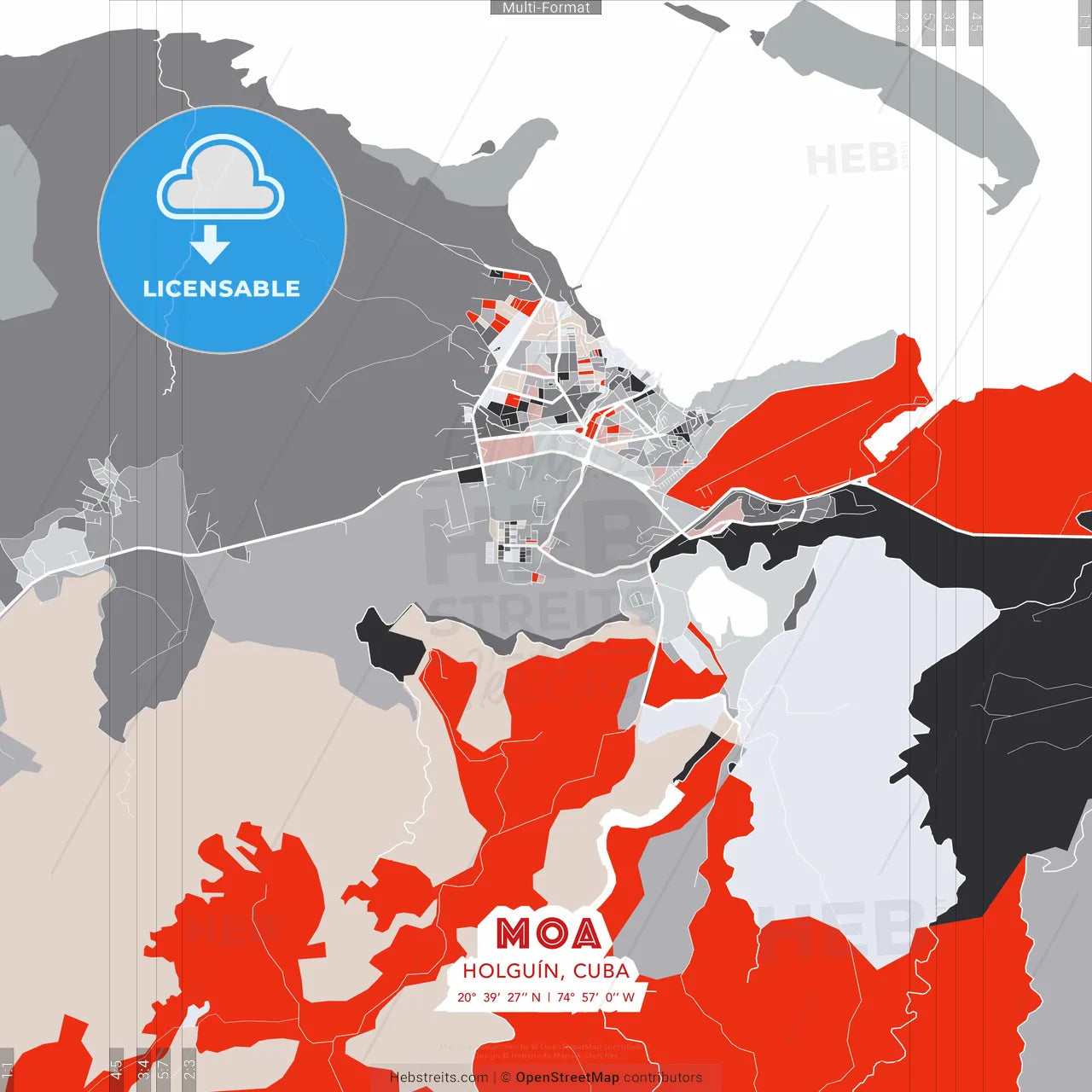 Moa, Holguín, Cuba - modern street map poster template with gray and red tones