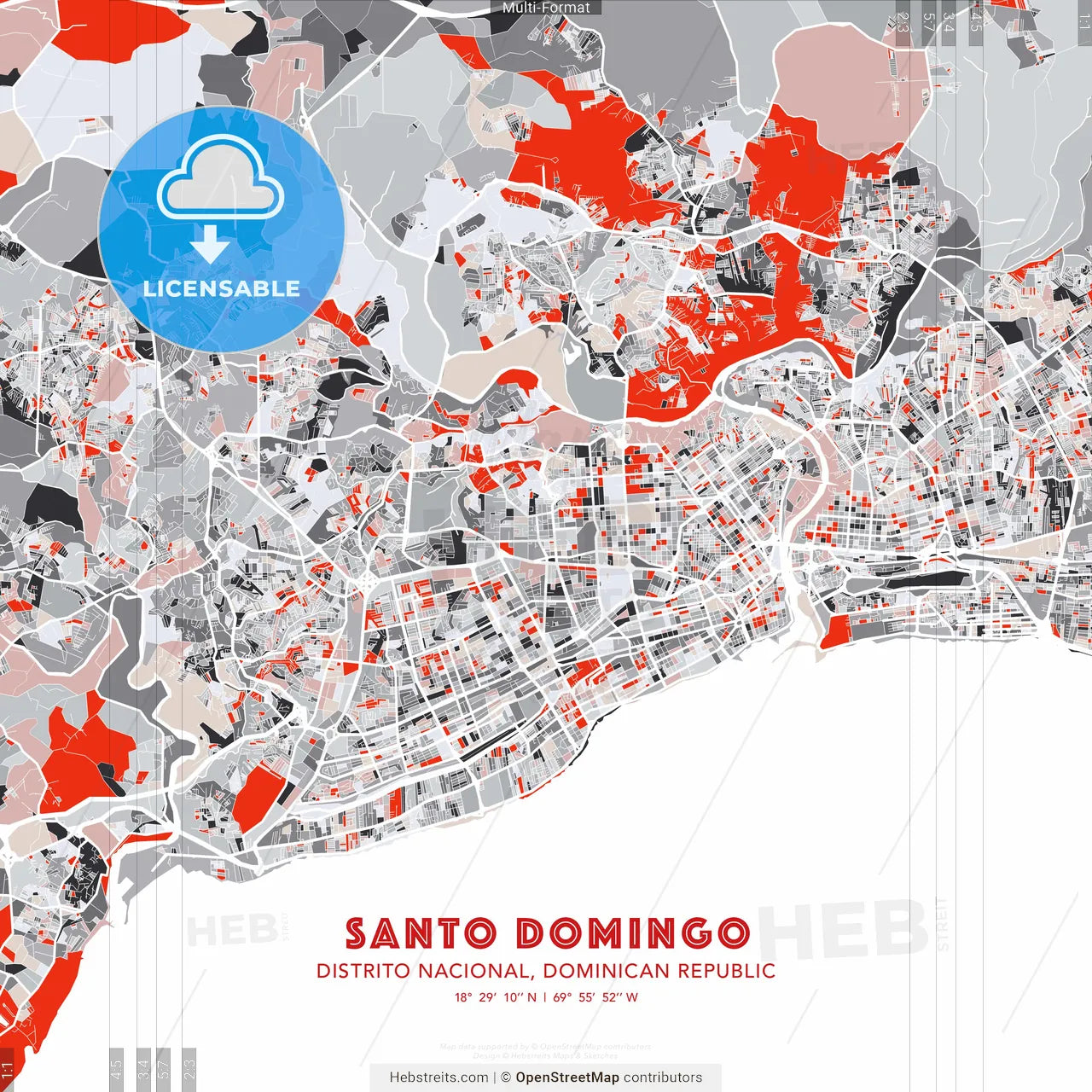 Santo Domingo, Distrito Nacional, Dominican Republic - modern street map poster template with gray and red tones