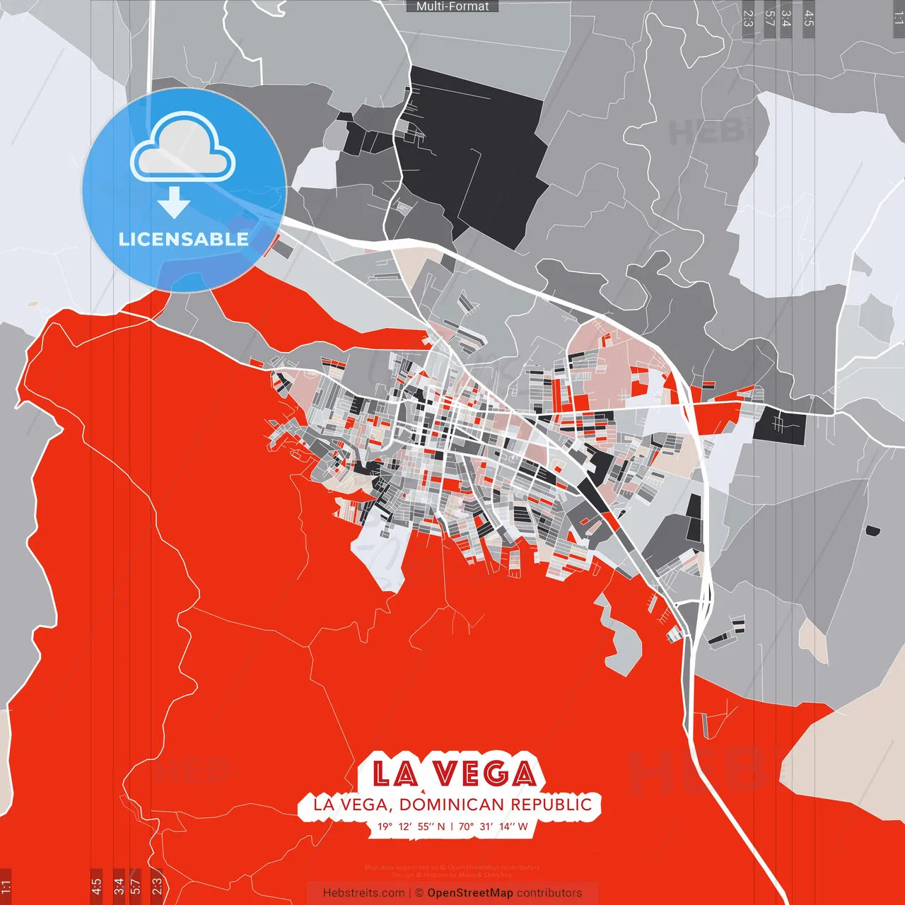 La Vega, La Vega, Dominican Republic - modern street map poster template with gray and red tones
