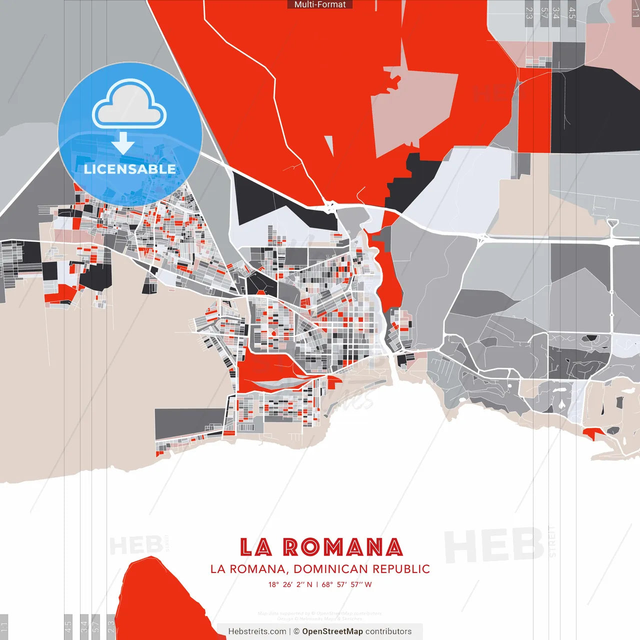 La Romana, La Romana, Dominican Republic - modern street map poster template with gray and red tones