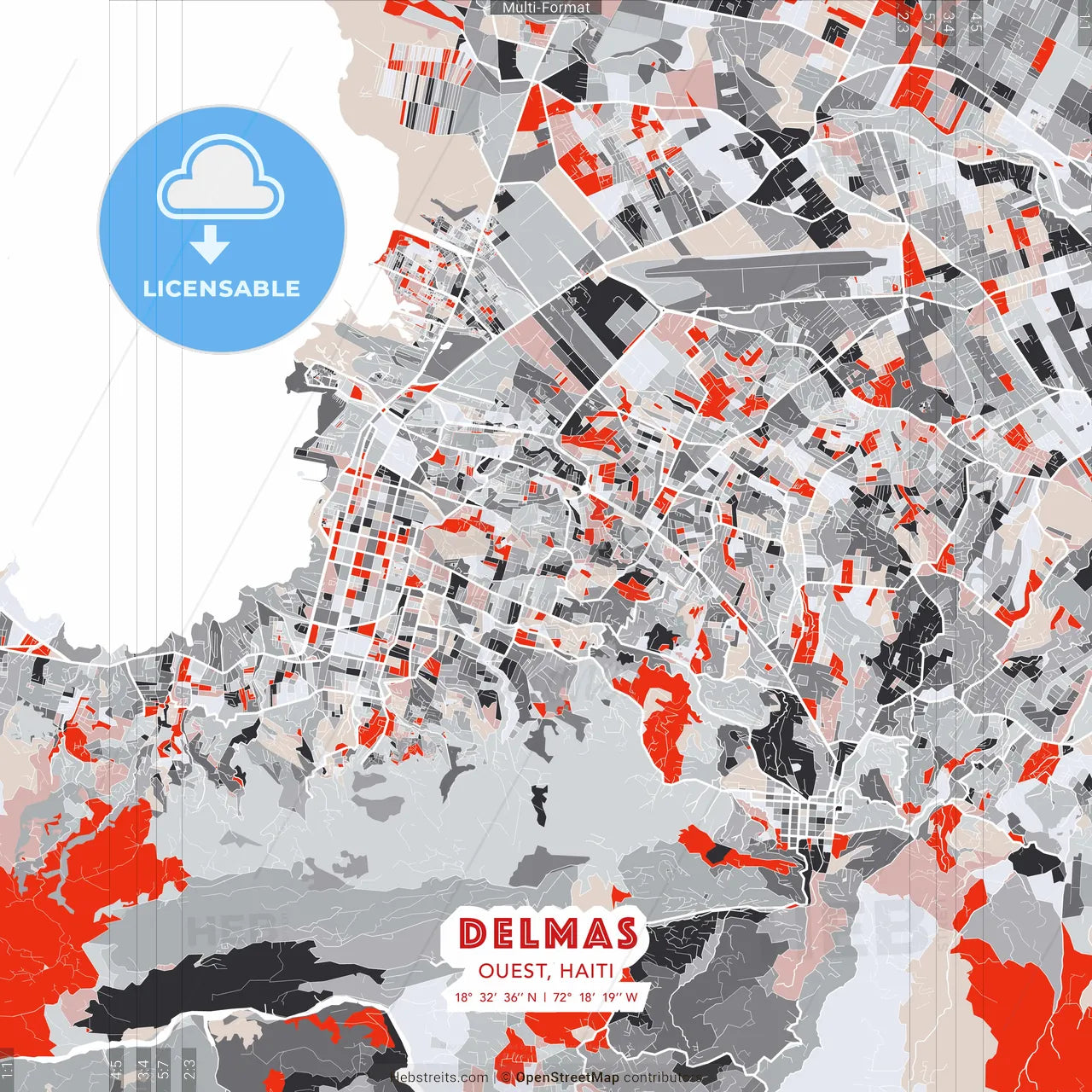 Delmas, Ouest, Haiti - modern street map poster template with gray and red tones