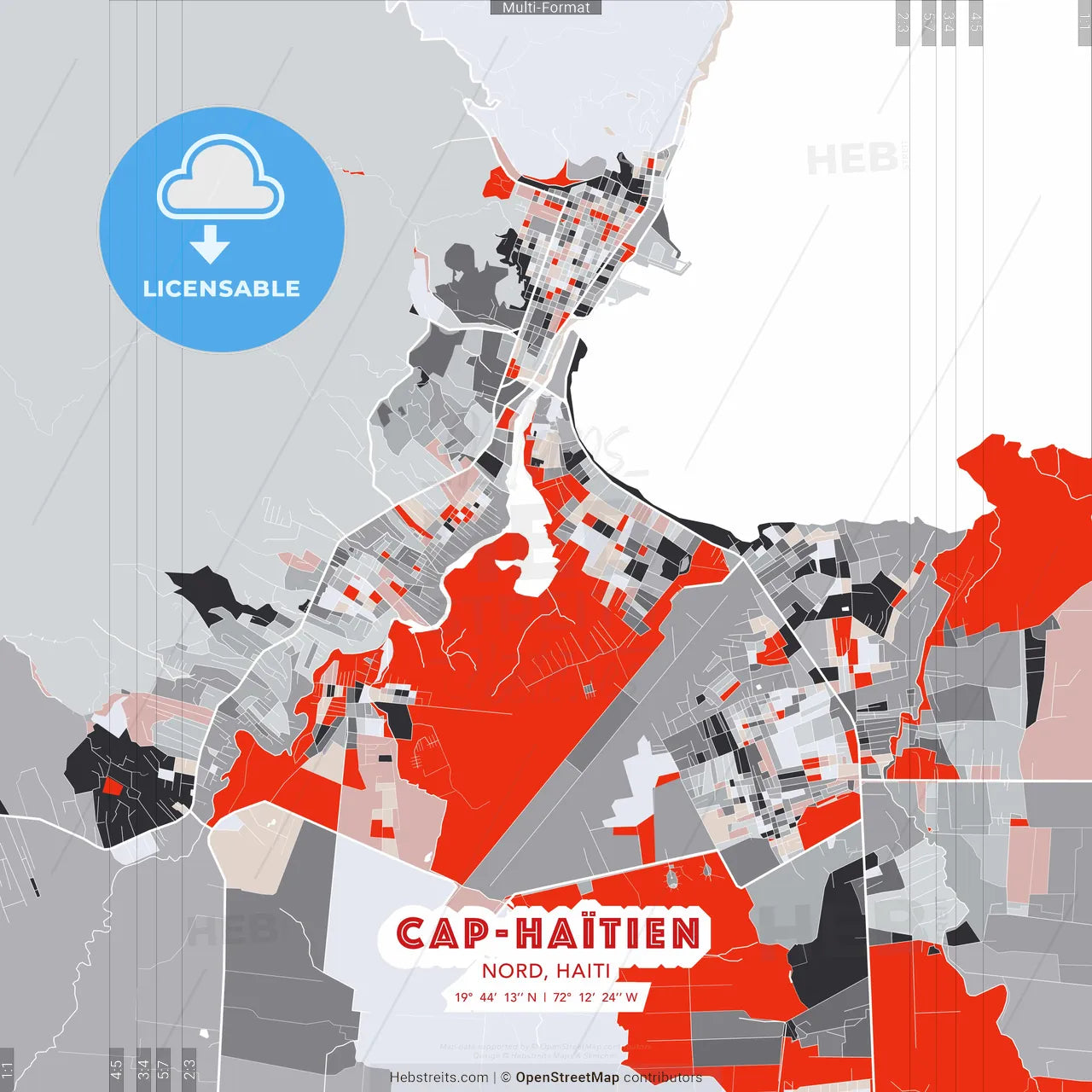Cap-Haïtien, Nord, Haiti - modern street map poster template with gray and red tones