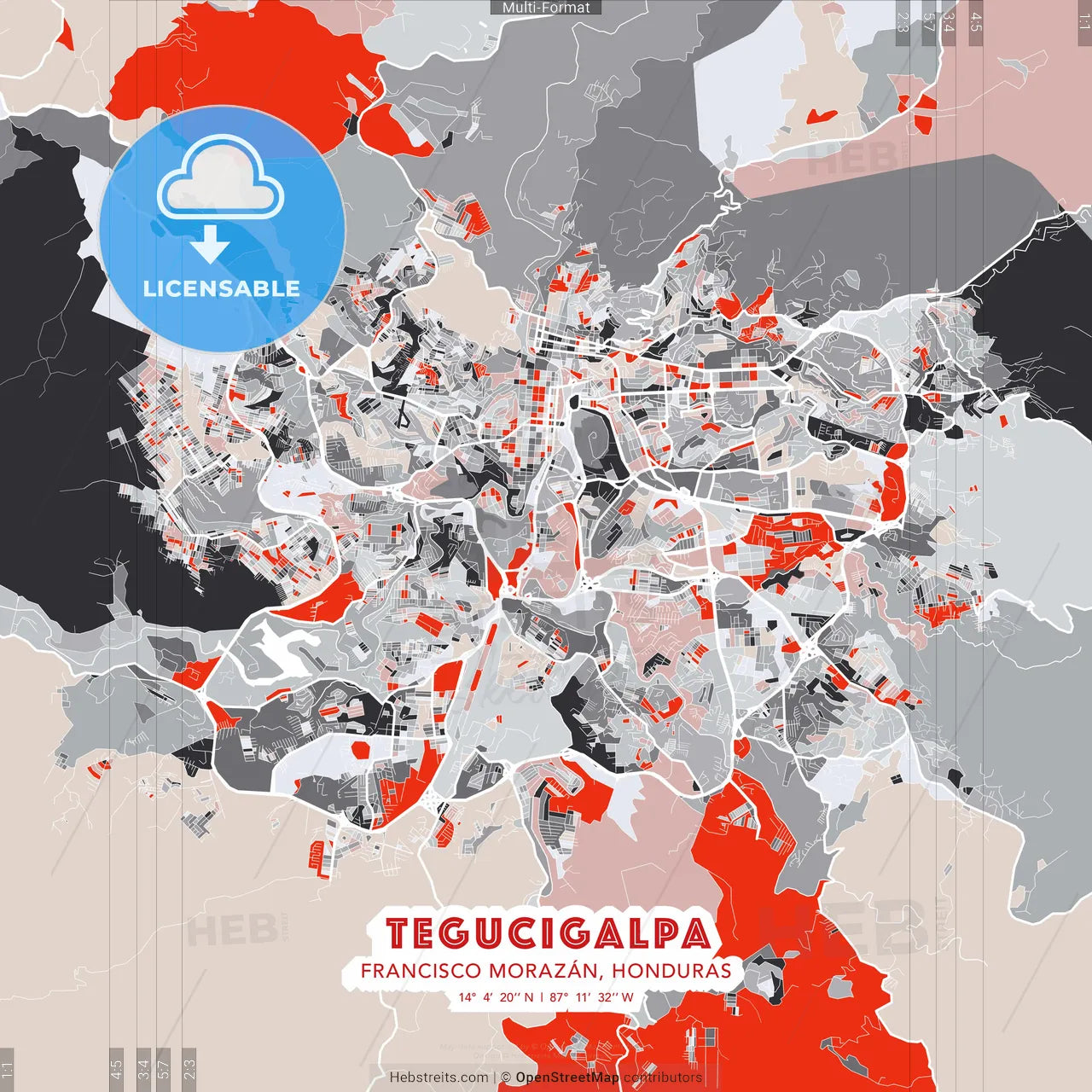 Tegucigalpa, Francisco Morazán, Honduras - modern street map poster template with gray and red tones