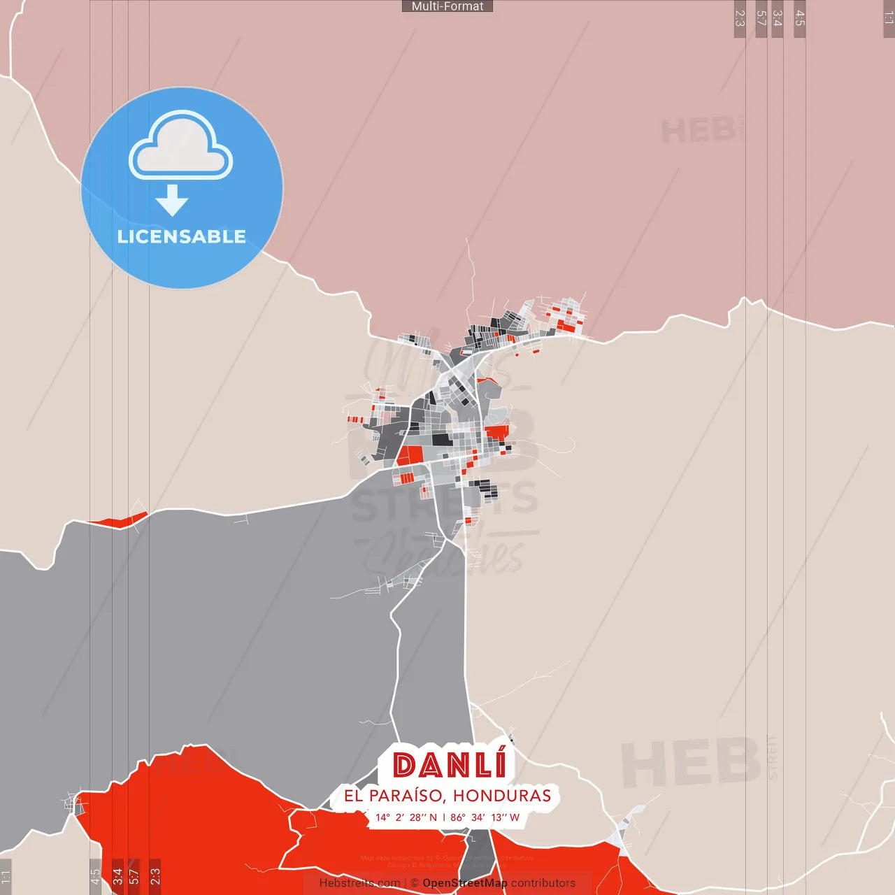 Danlí, El Paraíso, Honduras - modern street map poster template with gray and red tones