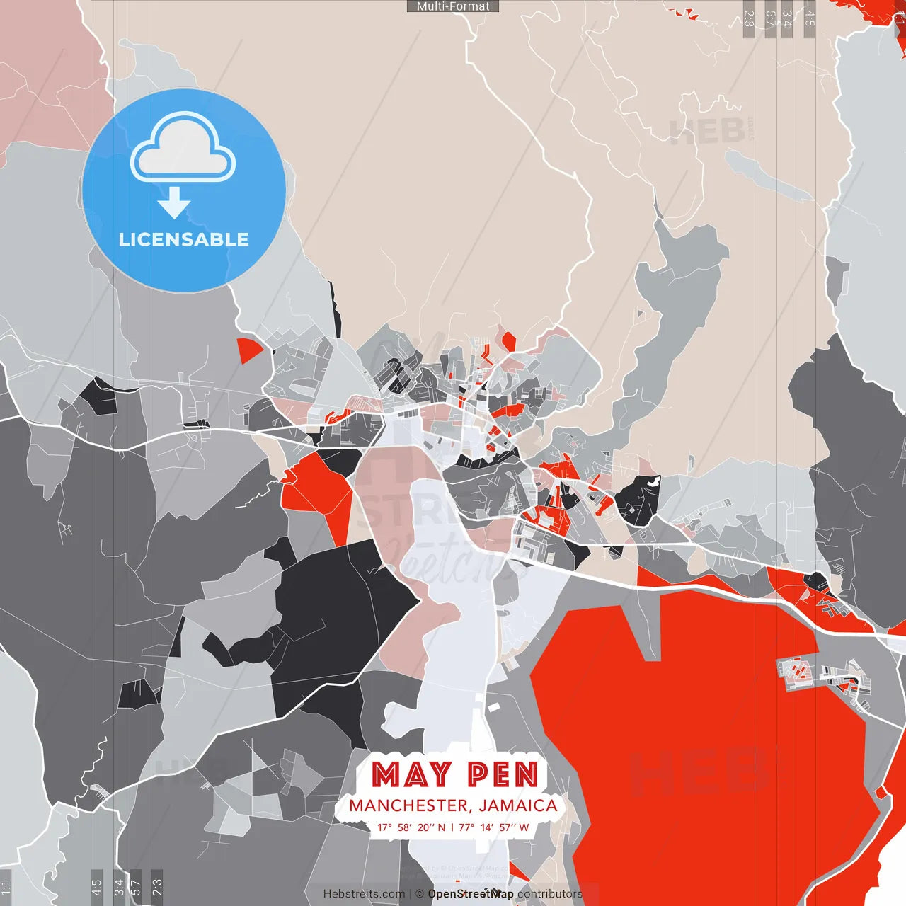 May Pen, Manchester, Jamaica - modern street map poster template with gray and red tones