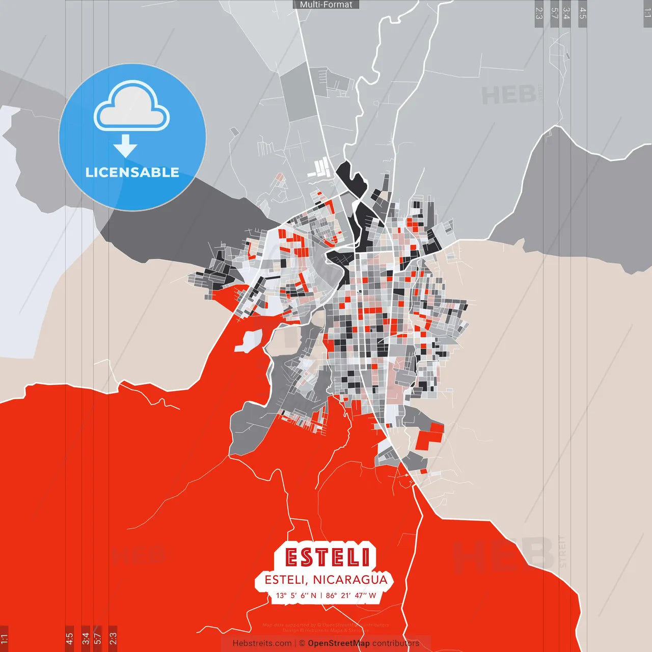 Esteli, Esteli, Nicaragua - modern street map poster template with gray and red tones