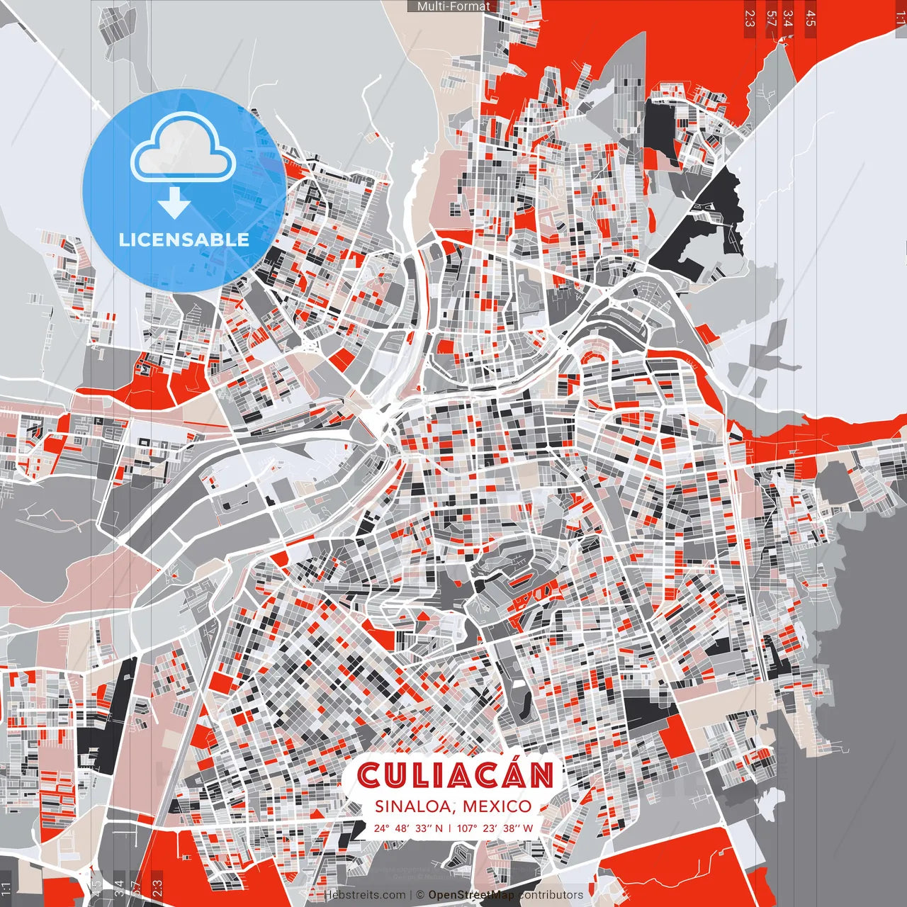 Culiacán, Sinaloa, Mexico - modern street map poster template with gray and red tones