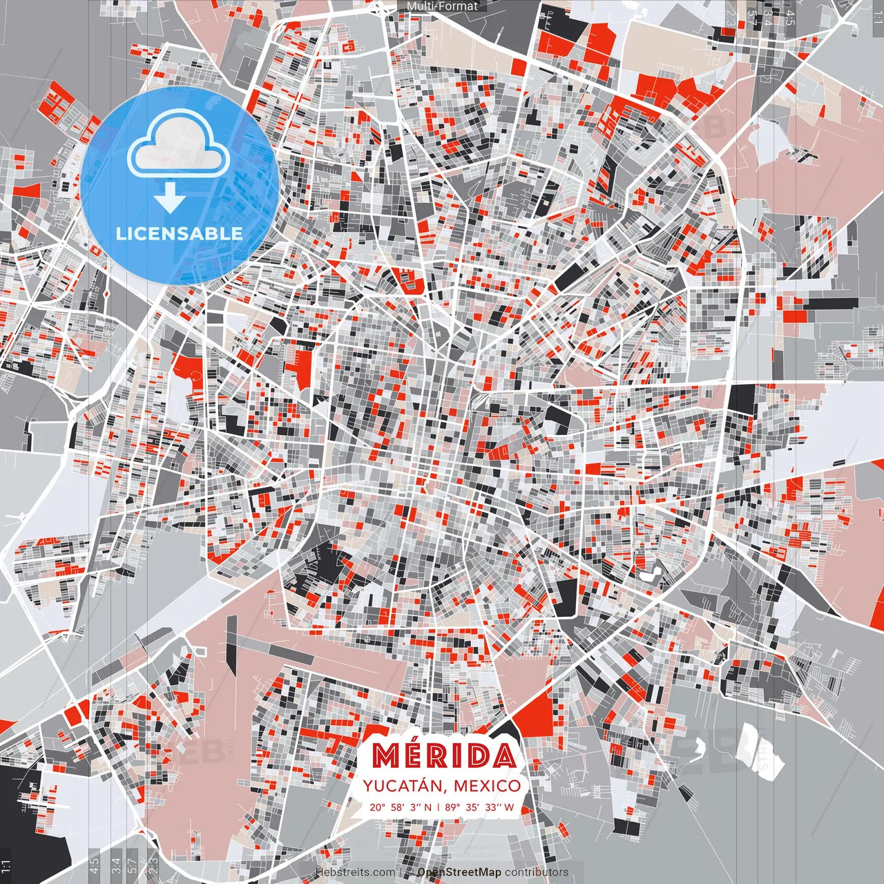 Mérida, Yucatán, Mexico - modern street map poster template with gray and red tones
