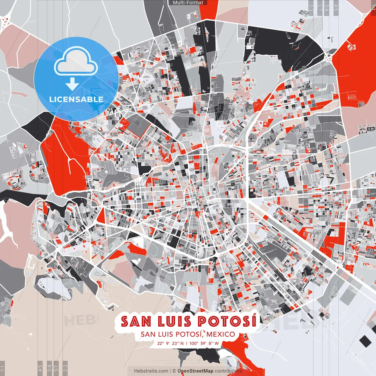 San Luis Potosí, San Luis Potosí, Mexico - modern street map poster template with gray and red tones