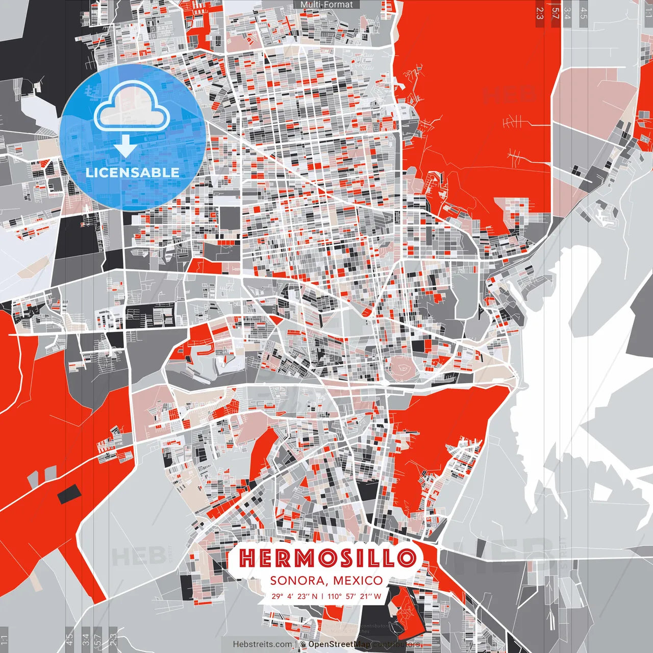 Hermosillo, Sonora, Mexico - modern street map poster template with gray and red tones