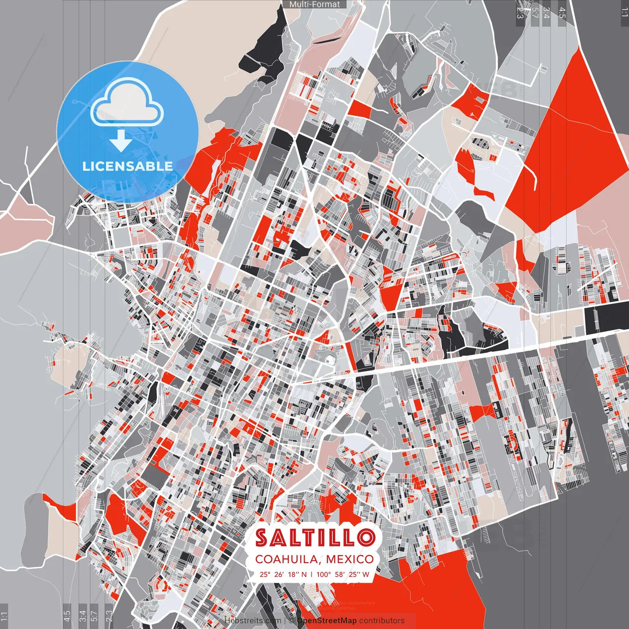 Saltillo, Coahuila, Mexico - modern street map poster template with gray and red tones