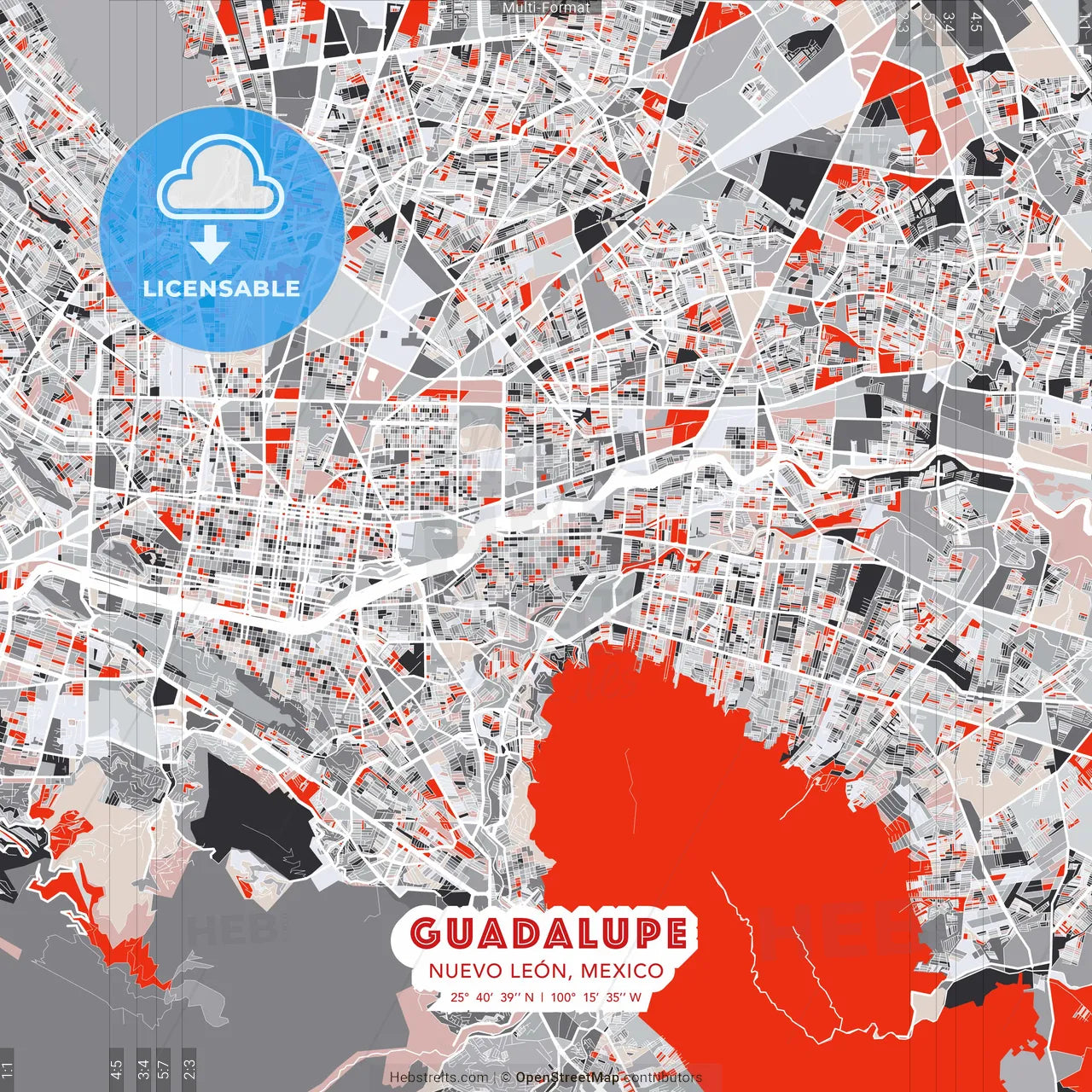 Guadalupe, Nuevo León, Mexico - modern street map poster template with gray and red tones