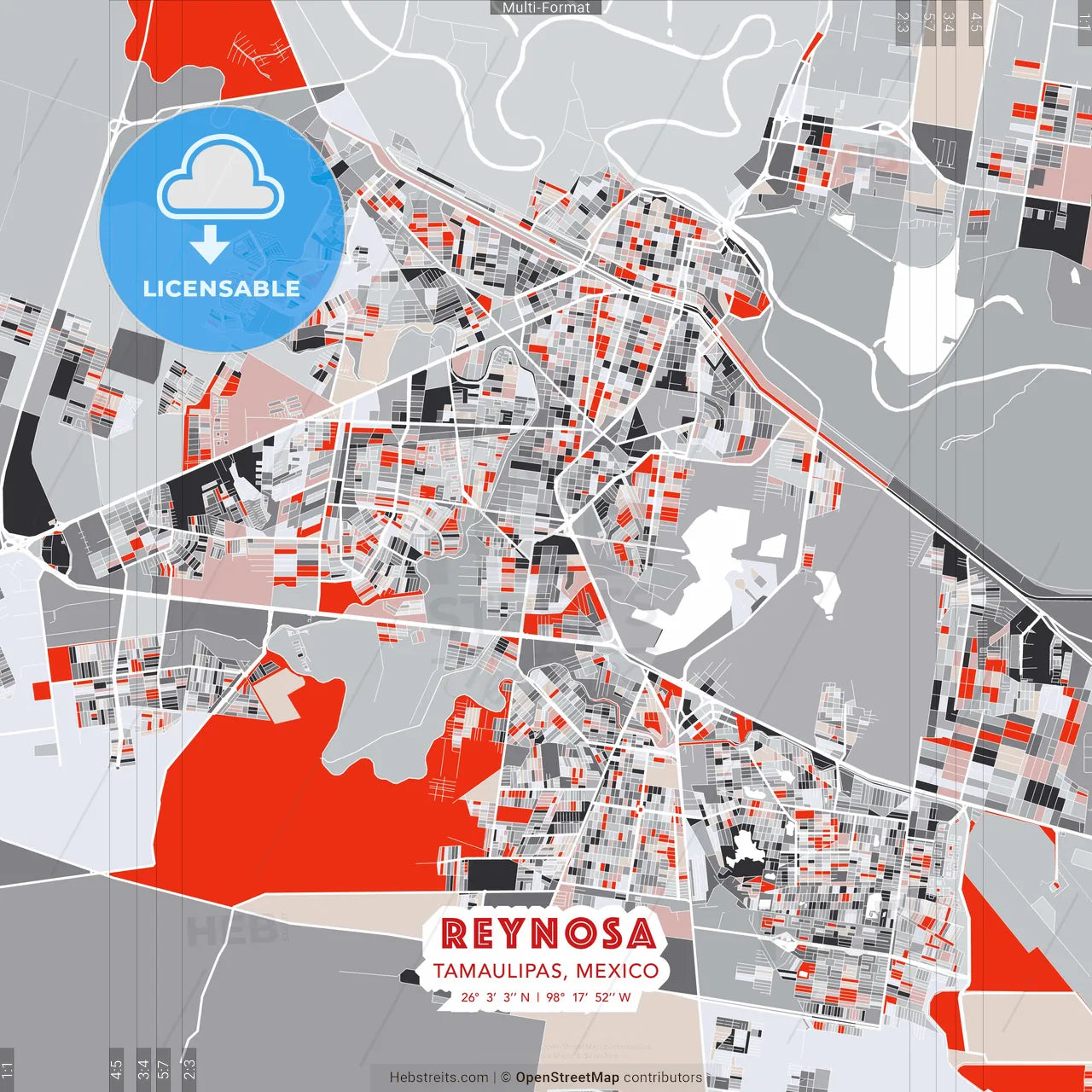 Reynosa, Tamaulipas, Mexico - modern street map poster template with gray and red tones