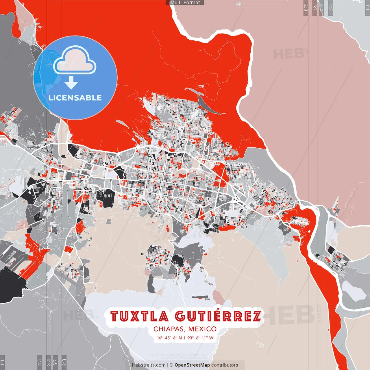 Tuxtla Gutiérrez, Chiapas, Mexico - modern street map poster template with gray and red tones